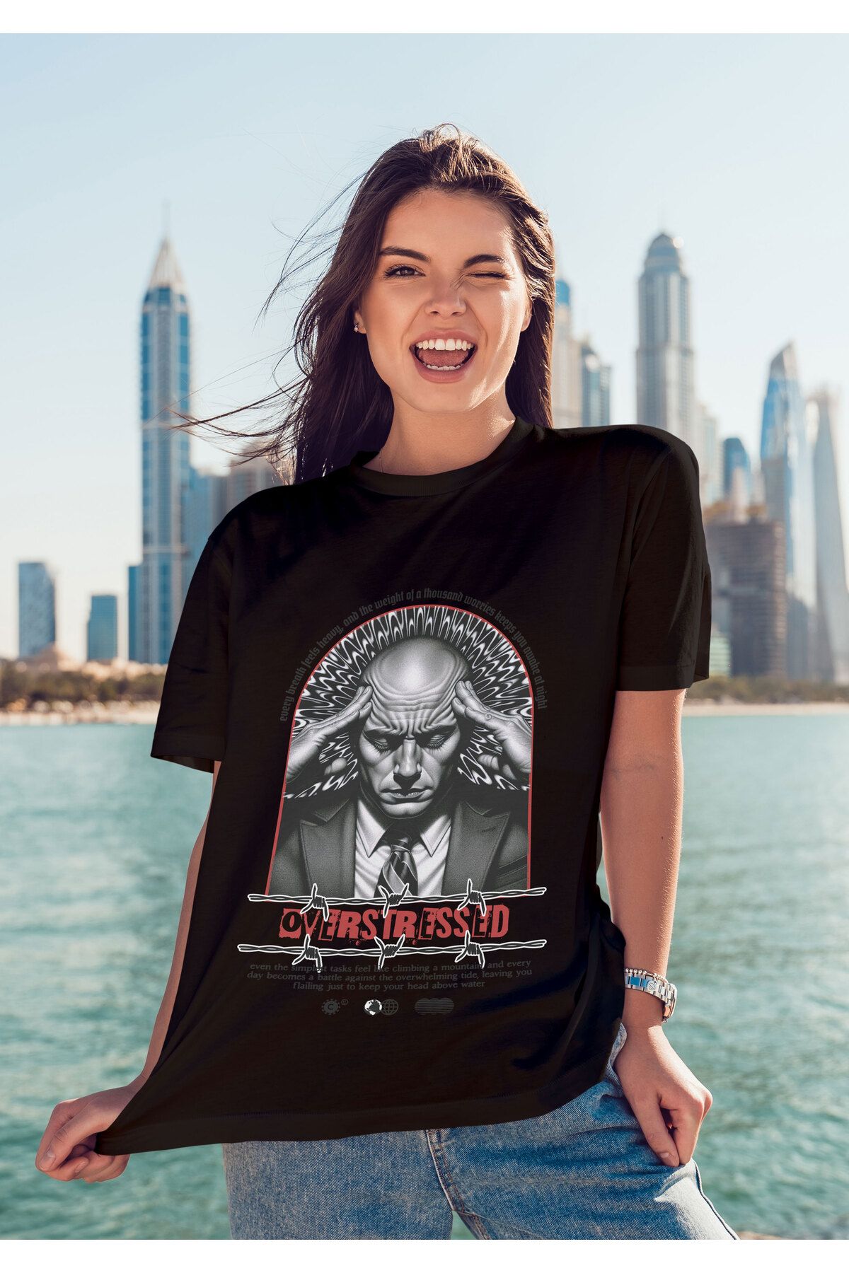 ELFAMİ Unisex Erkek/Kadın OVERSTRESSED Renkli Özel Baskılı Oversize Pamuklu Bisiklet Yaka T-Shirt Tişört
