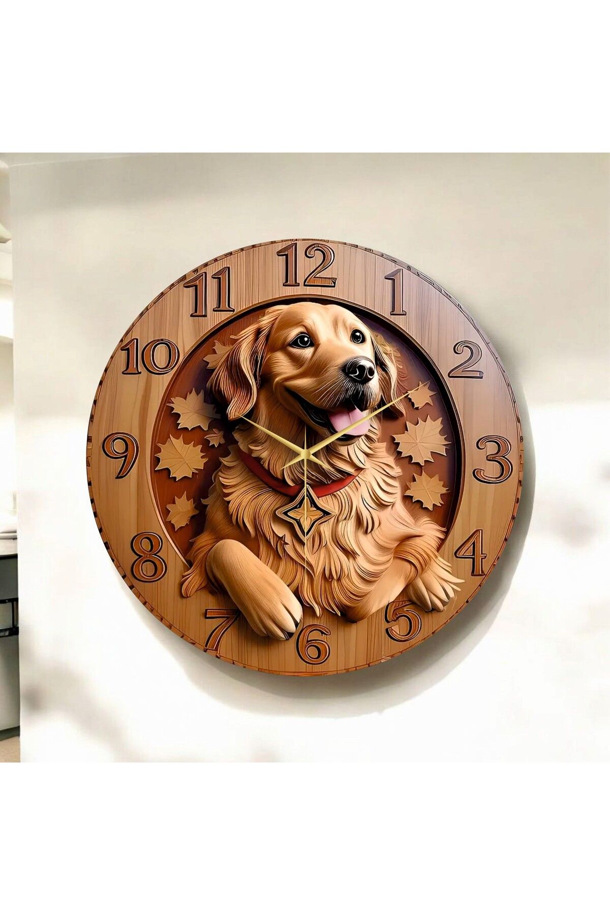 AA Shop Ahşap Renkli Baskı Golden Köpek Desenli Kabartma Görünümlü Hediyelik Ahşap Sessiz Duvar Saati 50cm