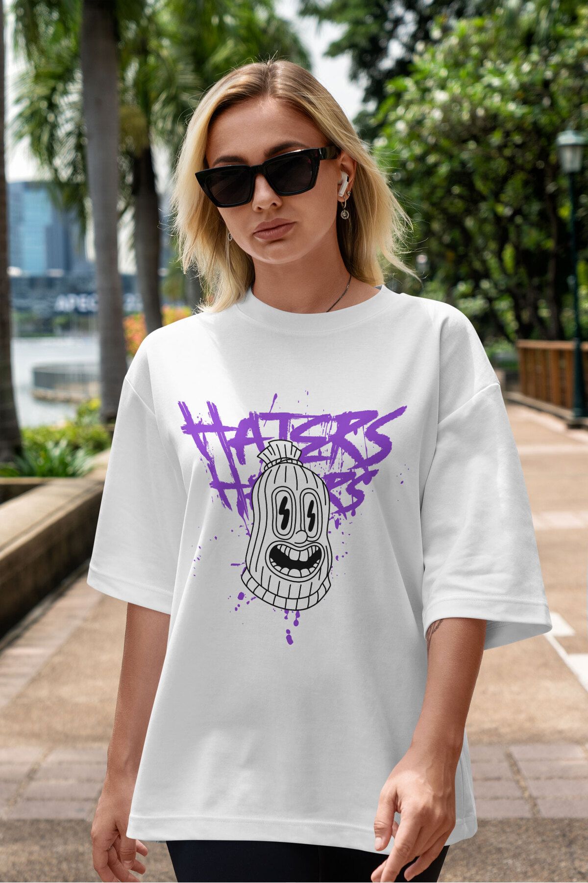 ELFAMİ Unisex Erkek/Kadın HATERS Renkli Özel Baskılı Oversize Pamuklu Bisiklet Yaka T-Shirt Tişört