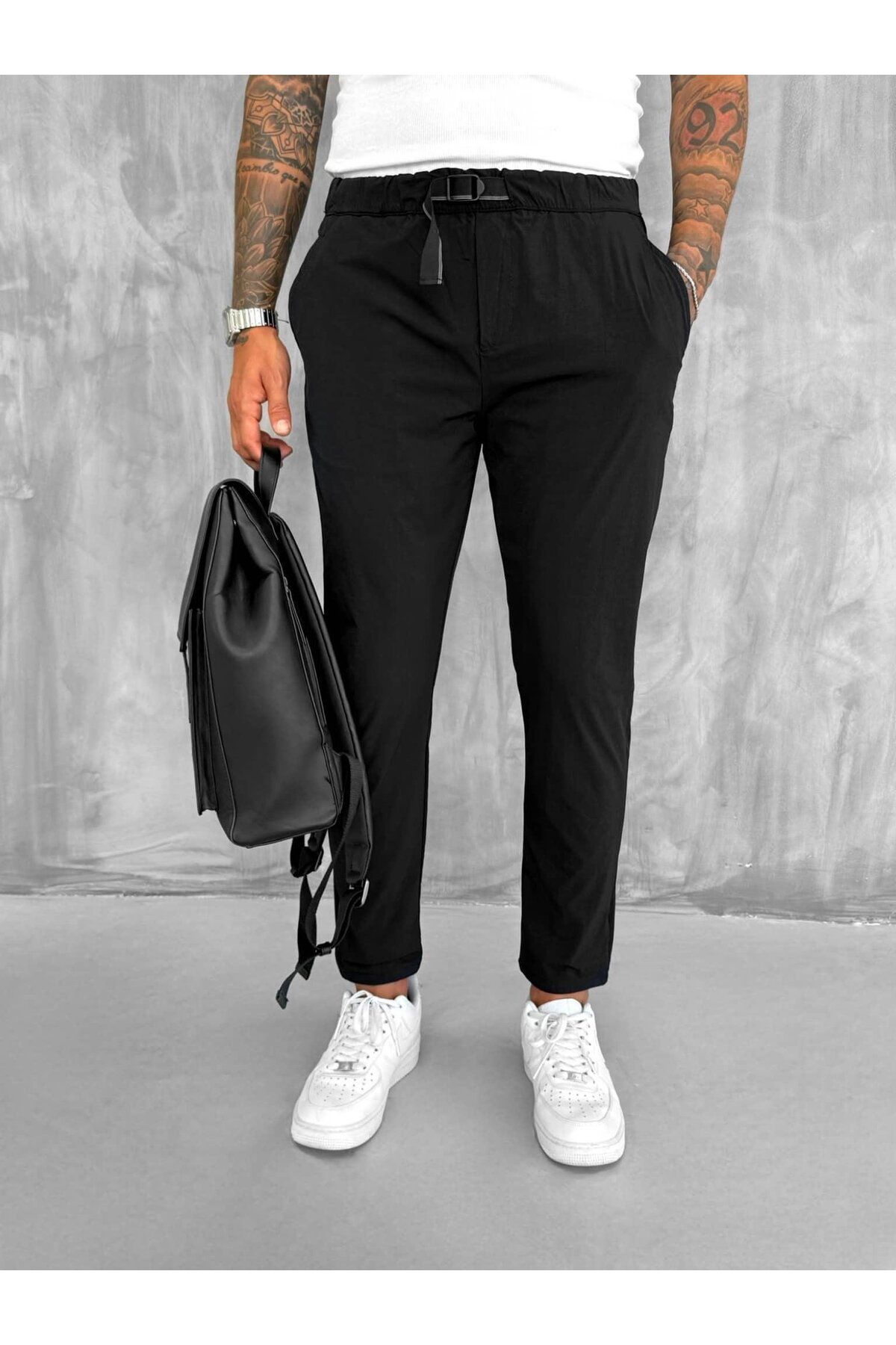 ablukaonline Erkek Beli Lastikli Paraşüt Kumaş Slim Fit Pantolon Siyah