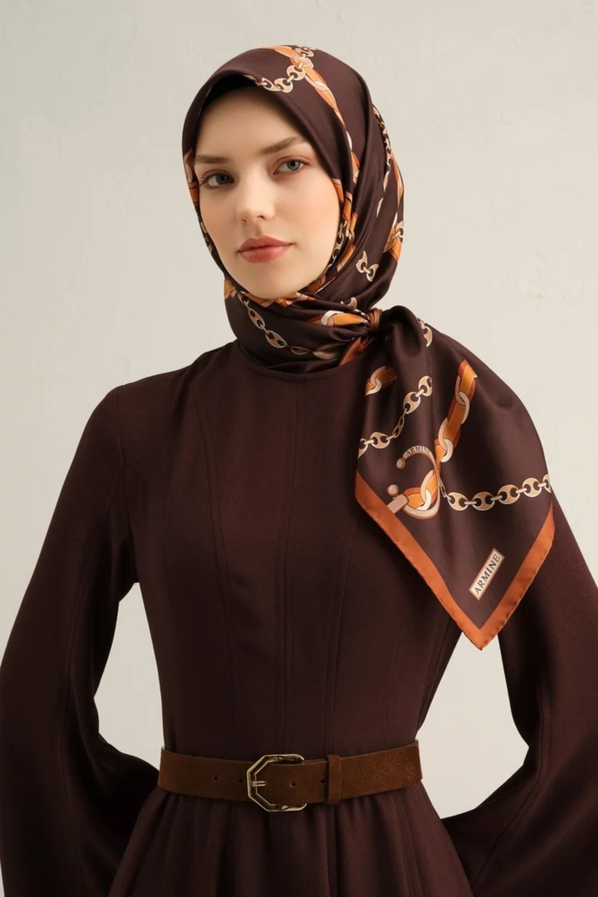Armine Sura İpek Eşarp 9346DS Zincir Desen Acı Kahve-Taba-35
