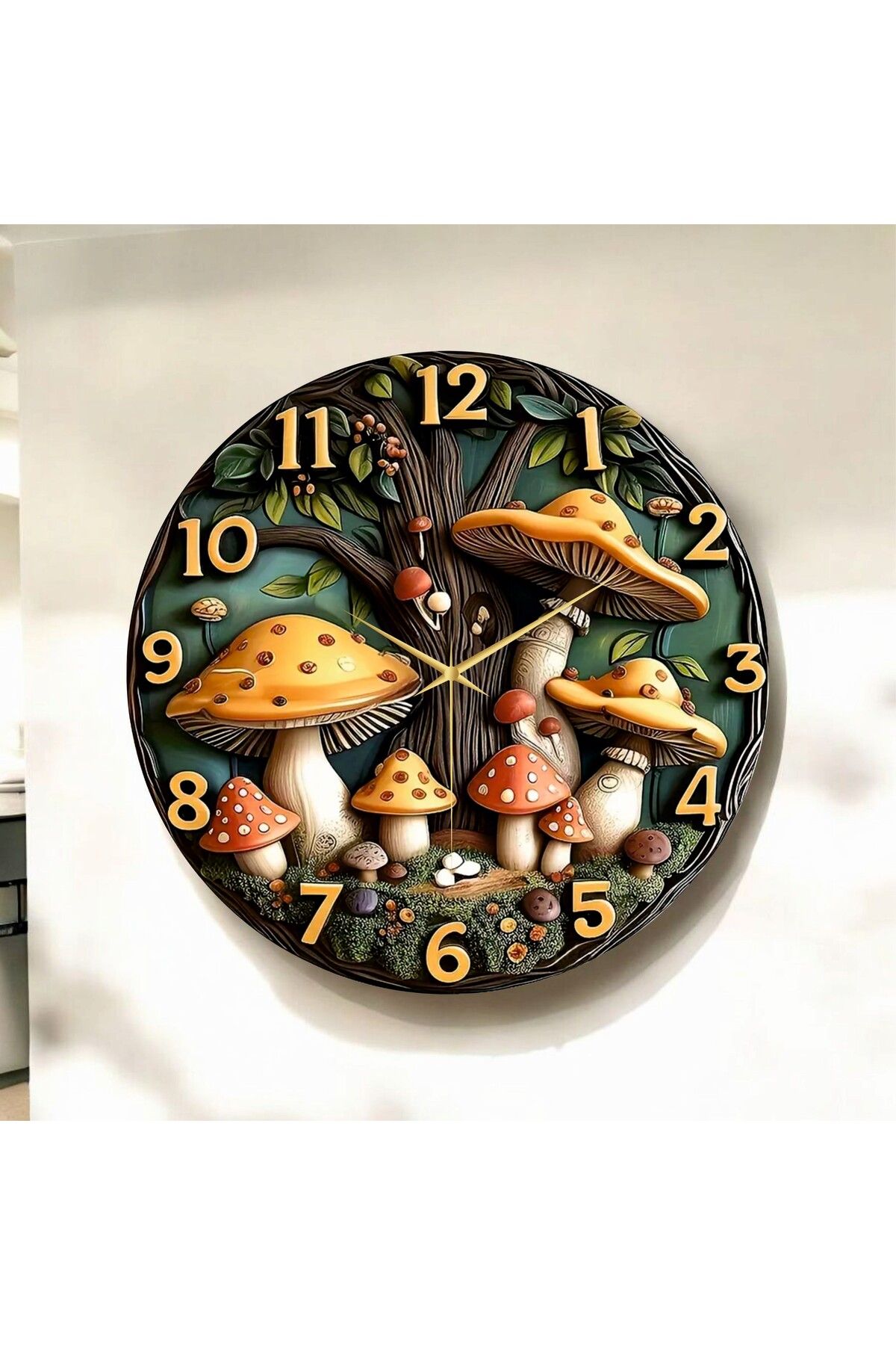AA Shop Mantar Kabartma Görünümlü Renkli Baskı Desenli Sayılı Hediyelik Ahşap Sessiz Duvar Saati 50cm