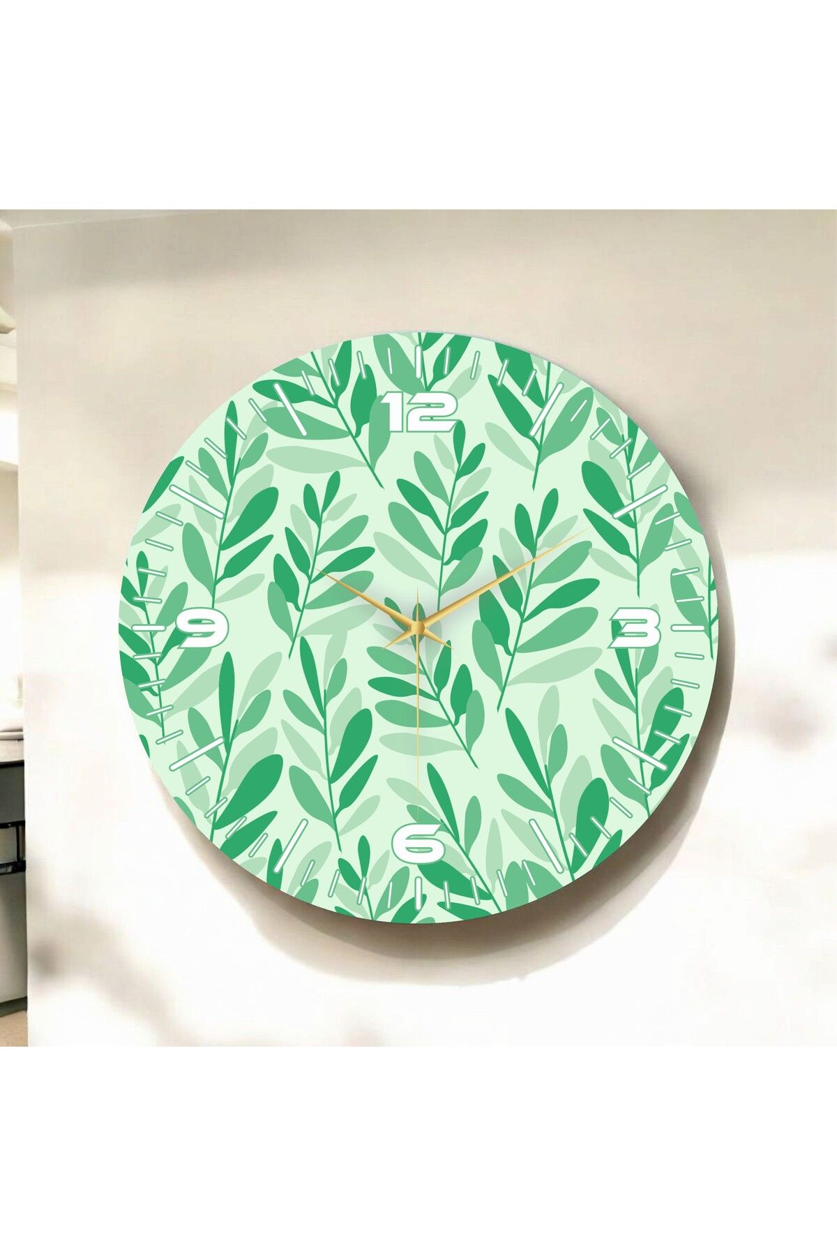 AA Shop Yeşil Renkli Baskı Çiçek Desenli Sayılı Hediyelik Ahşap Sessiz Duvar Saati 50cm