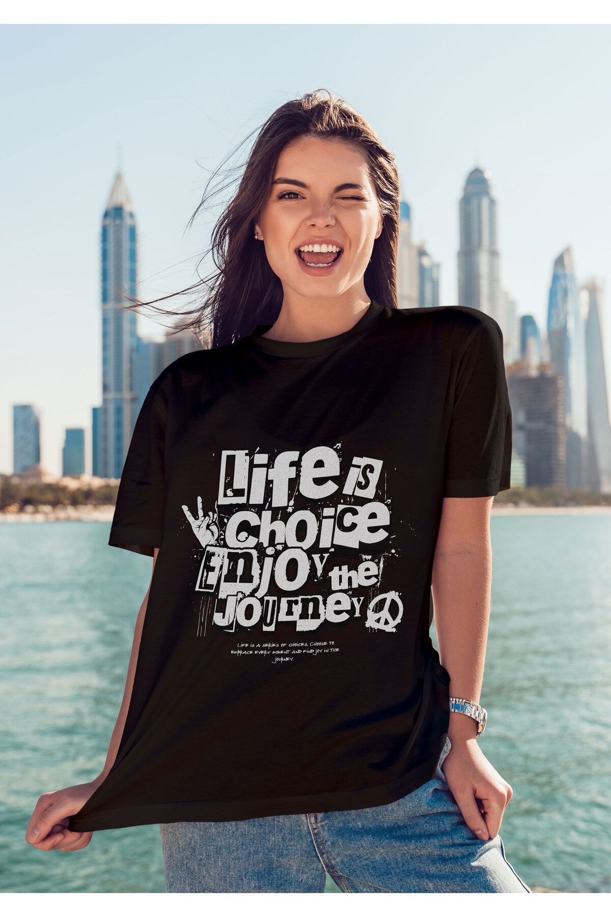 ELFAMİ Unisex Erkek/Kadın LIFE IS CHOICE Renkli Özel Baskılı Oversize Pamuklu Bisiklet Yaka T-Shirt Tişört