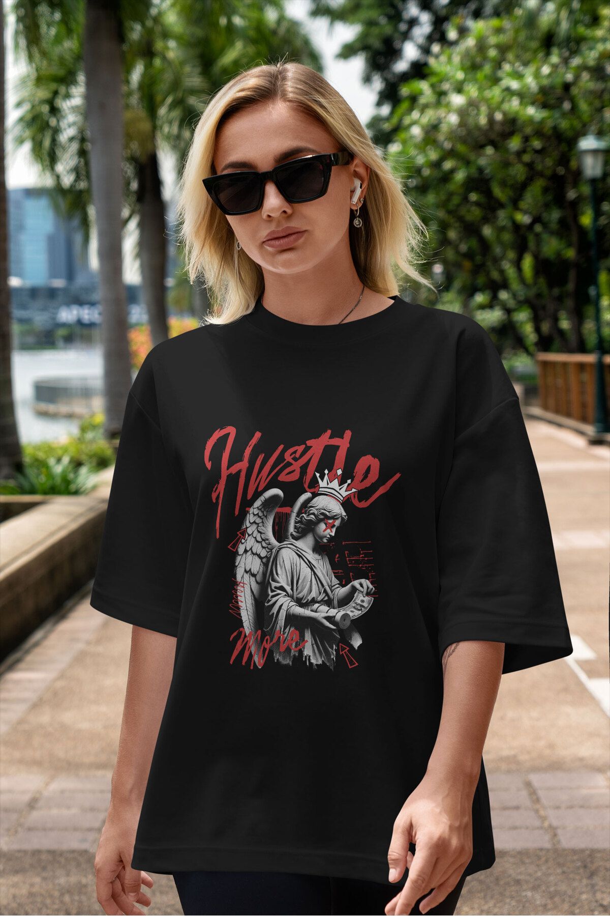 ELFAMİ Unisex Erkek/Kadın HUSTLE Renkli Özel Baskılı Oversize Pamuklu Bisiklet Yaka T-Shirt Tişört
