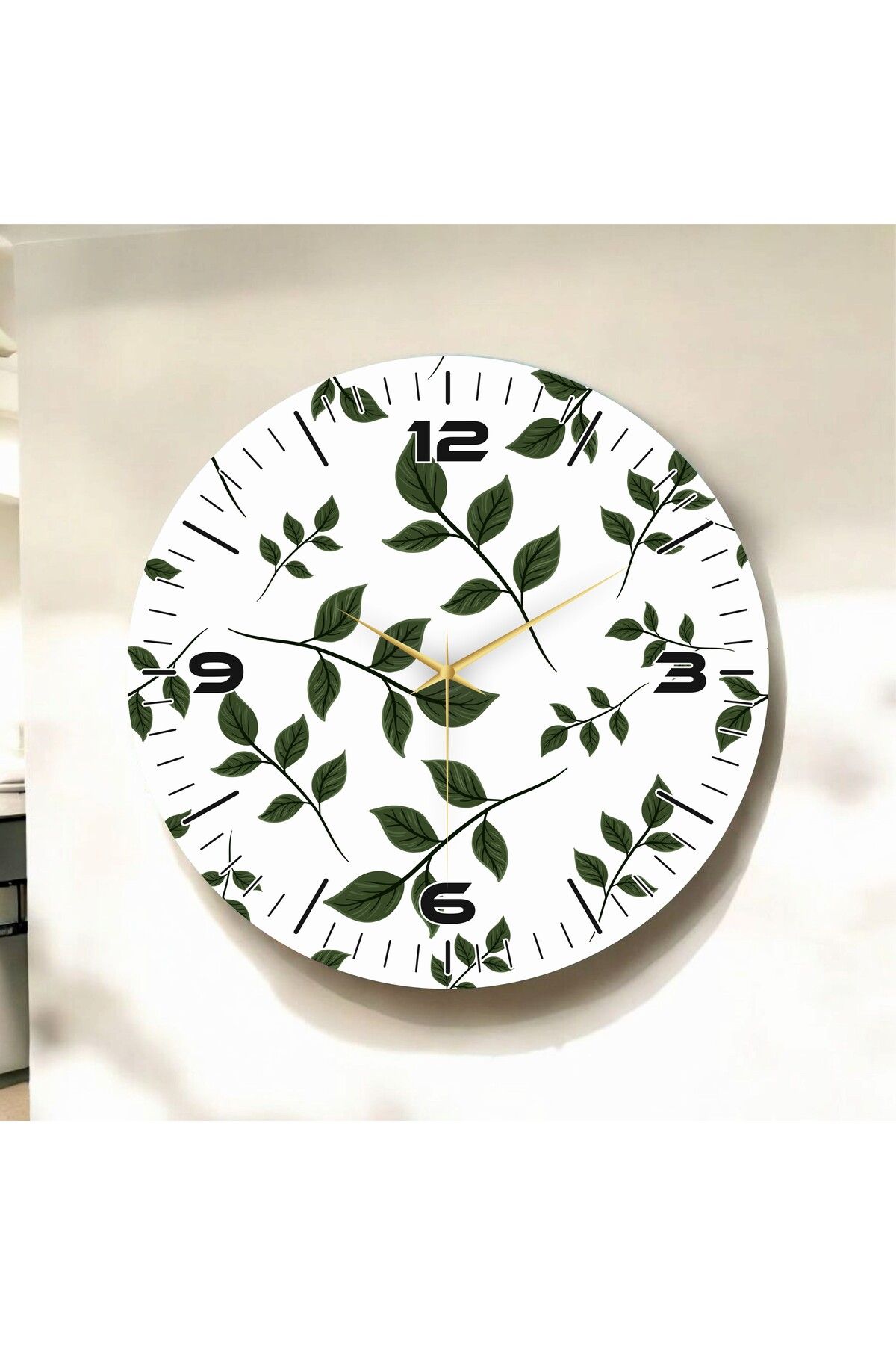 AA Shop Beyaz Renkli Baskı Yaprak Desenli Sayılı Hediyelik Ahşap Sessiz Duvar Saati 50cm