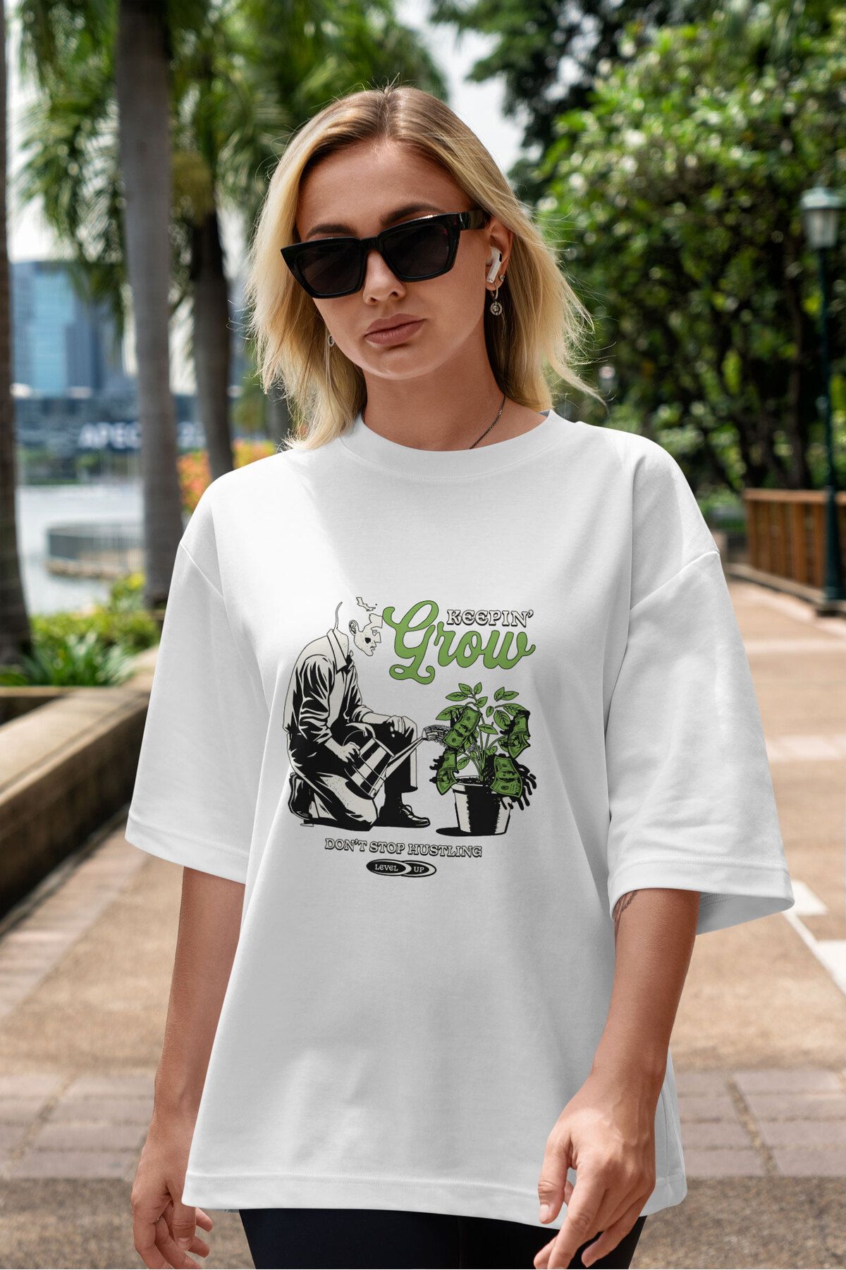 ELFAMİ Unisex Erkek/Kadın GROW Renkli Özel Baskılı Oversize Pamuklu Bisiklet Yaka T-Shirt Tişört