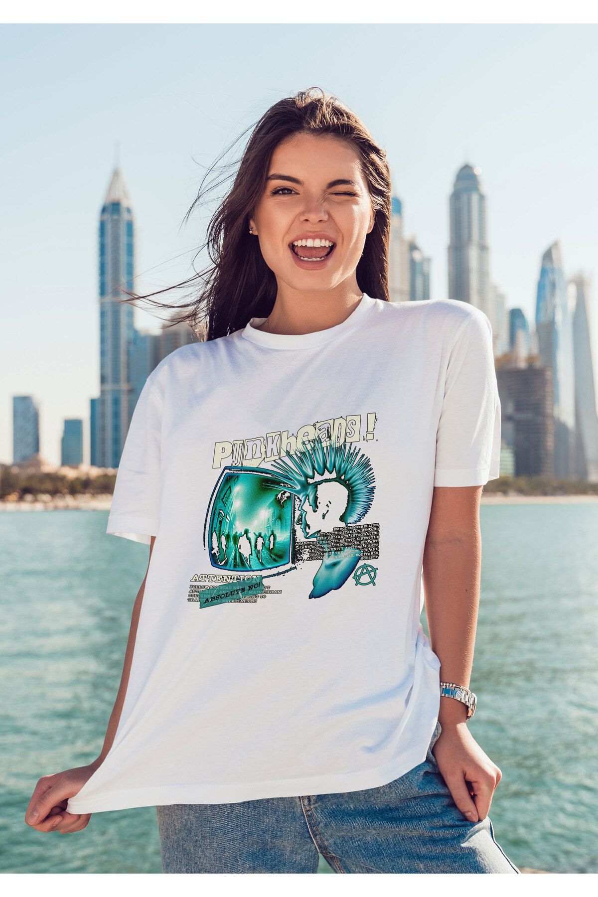 ELFAMİ Unisex Erkek/Kadın PUNK HEADS Renkli Özel Baskılı Oversize Pamuklu Bisiklet Yaka T-Shirt Tişört