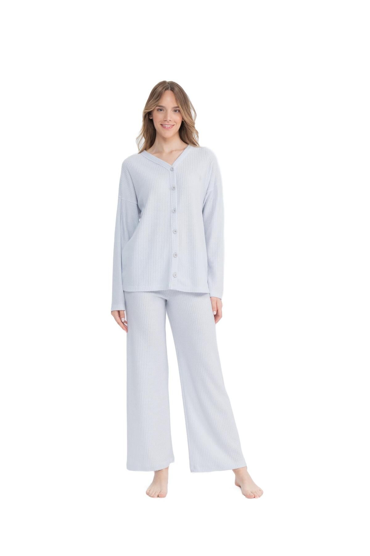 U.S. Polo Assn. Kadın Önden Düğmeli Uzunkol Bol Paça Pijama Takım
