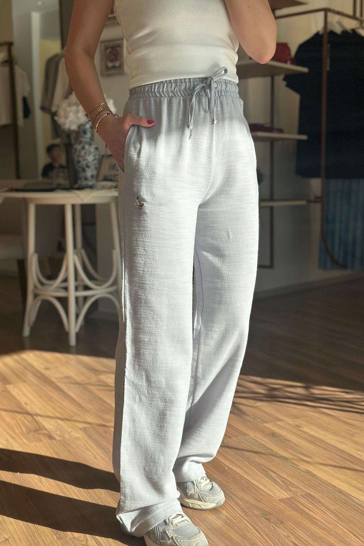 Unique Boutique Gri Beli Lastikli Pamuklu Bol Baça Pantolon