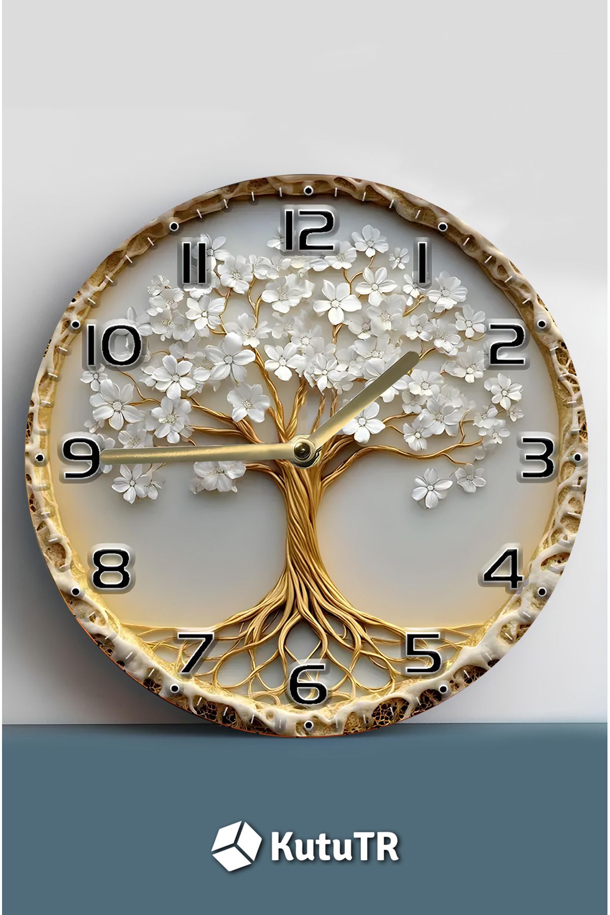 kutuTR 🌸 Zarafetin Temsilcisi – Beyaz Çiçekli Ağaç Tasarımlı MDF Duvar Saati (33 cm) 🕒 sdw285