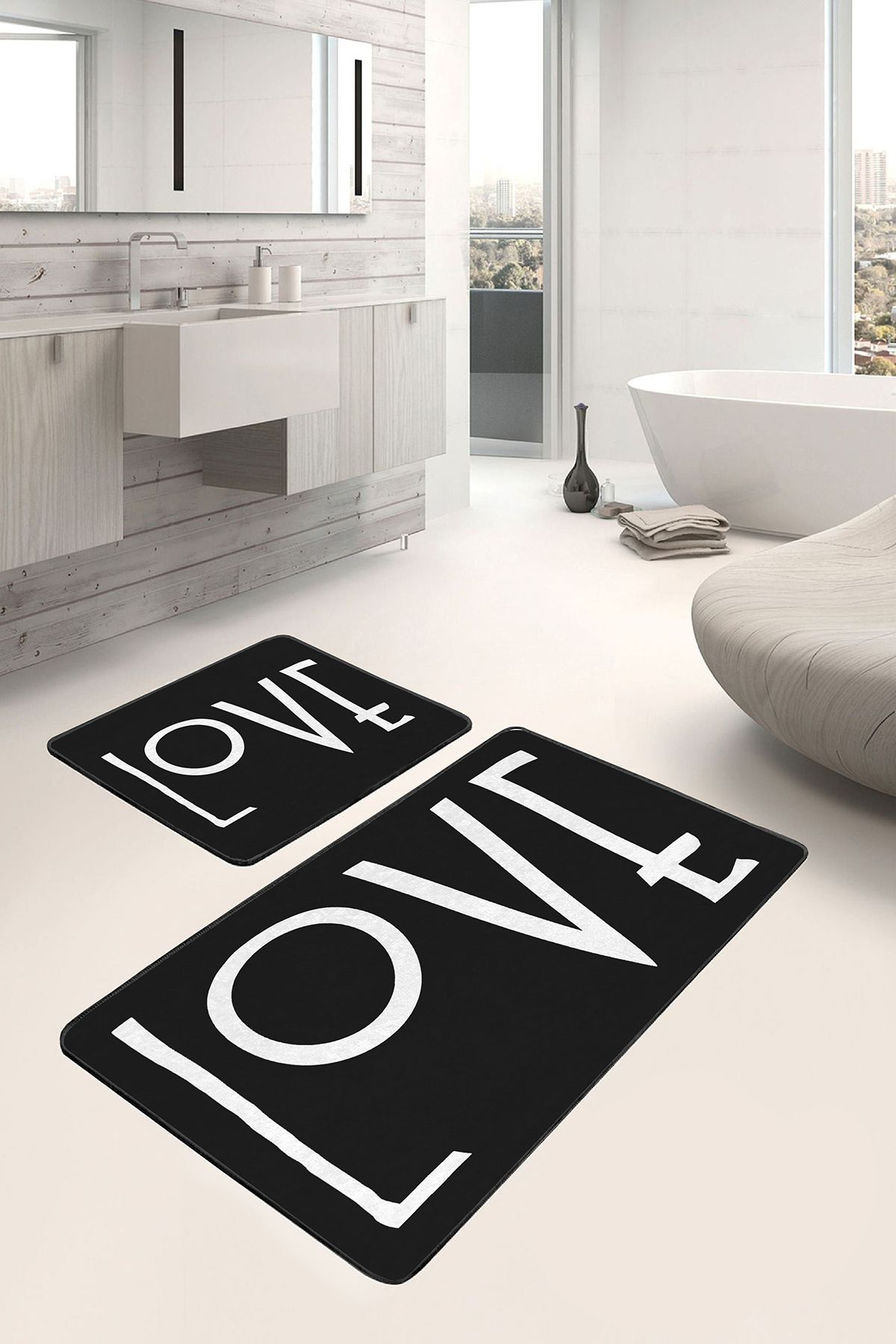Realhomes 2'li Set Siyah Zeminde Yazı Motifli Love Desenli Sade & Şık Klasik 2'li Banyo & Mutfak Paspas Takımı
