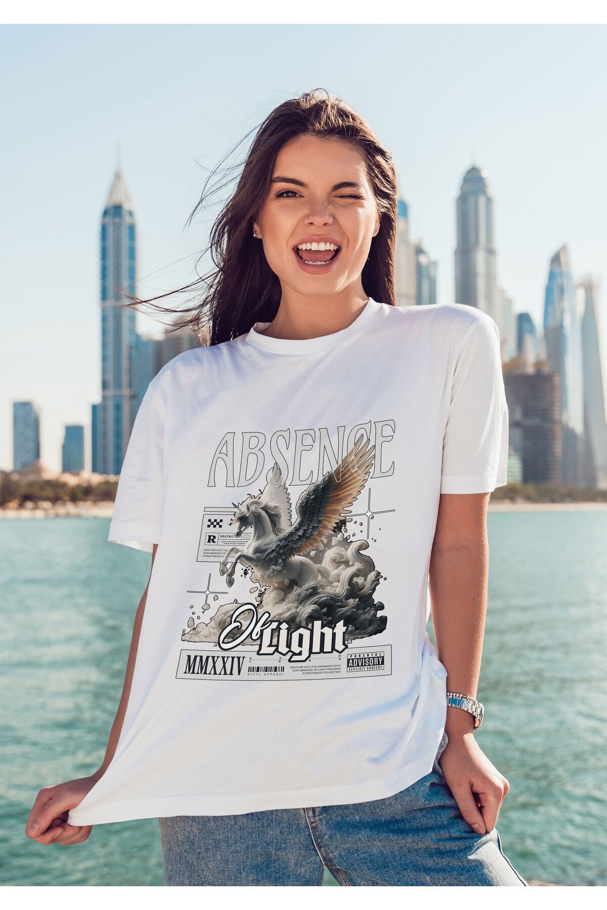 ELFAMİ Unisex Erkek/Kadın ABSENCE Renkli Özel Baskılı Oversize Pamuklu Bisiklet Yaka T-Shirt Tişört
