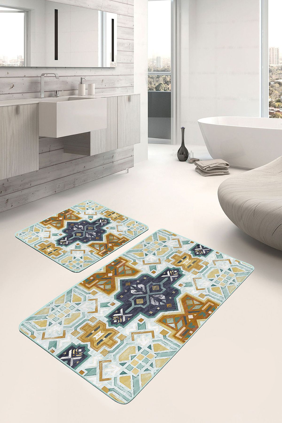 Realhomes 2'li Set Bebek Mavi Zeminde Etnik Motifli Suluboya Desenli Vintage Klasik 2'li Banyo Paspas Takımı