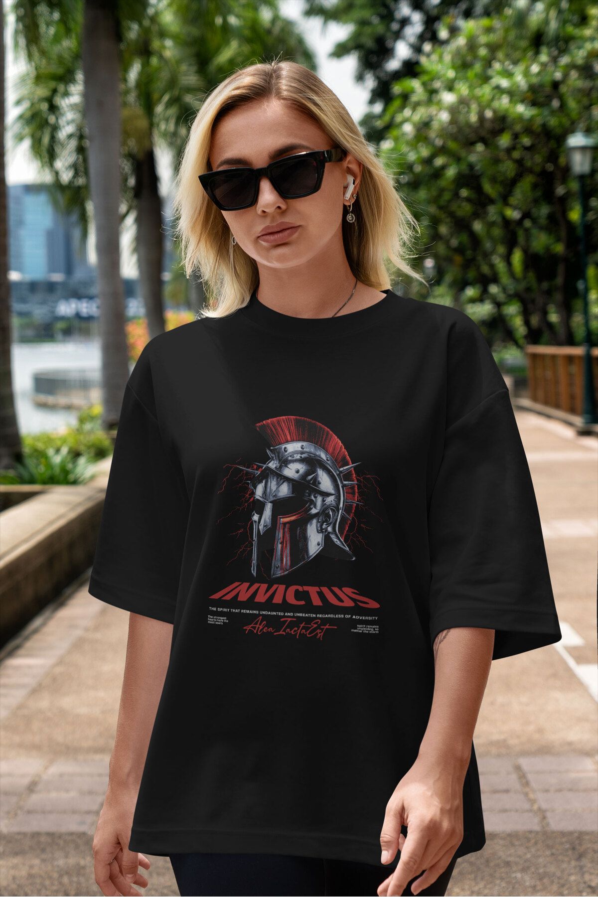 ELFAMİ Unisex Erkek/Kadın INVICTUS Renkli Özel Baskılı Oversize Pamuklu Bisiklet Yaka T-Shirt Tişört