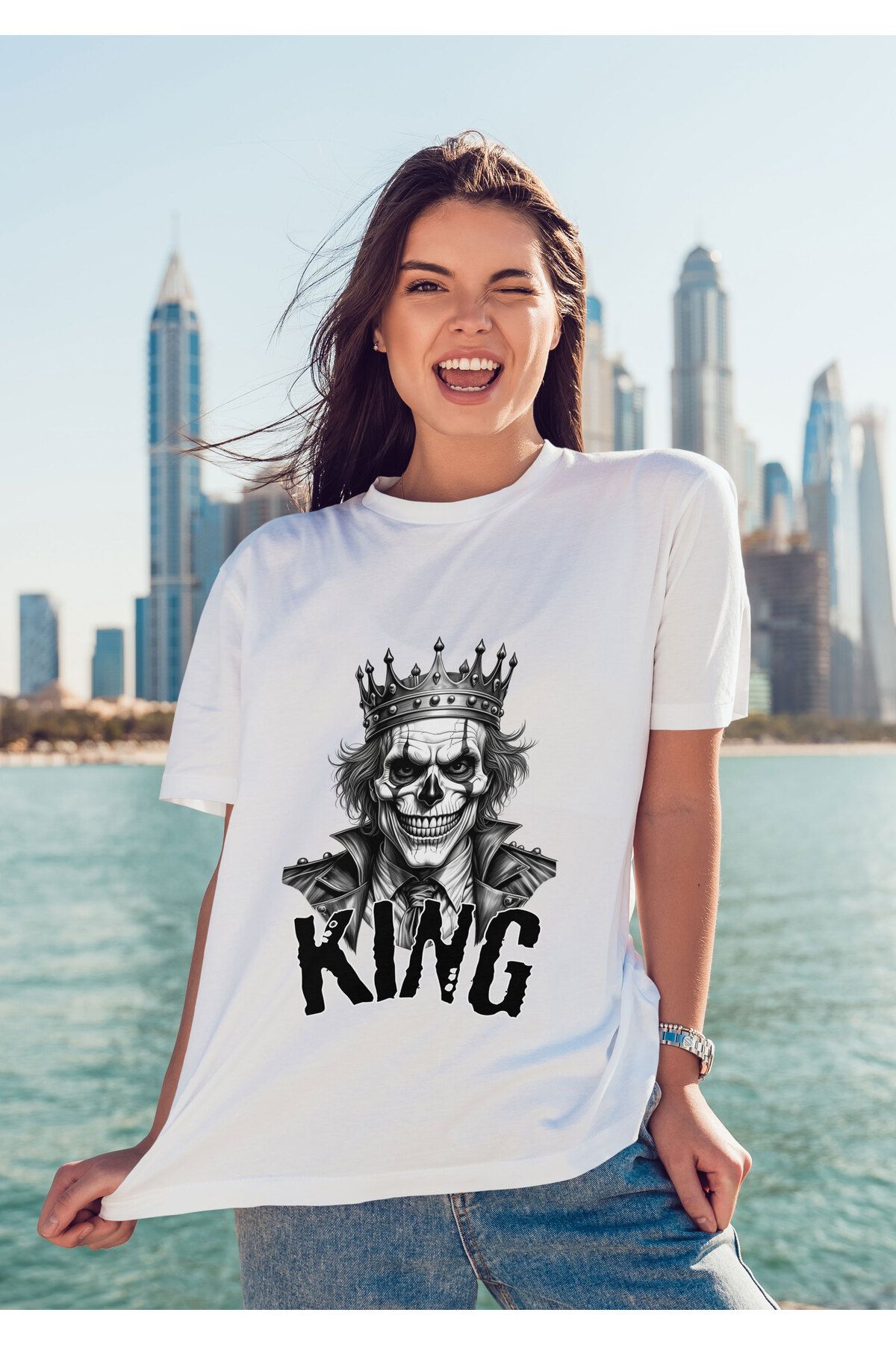ELFAMİ Unisex Erkek/Kadın KING Renkli Özel Baskılı Oversize Pamuklu Bisiklet Yaka T-Shirt Tişört
