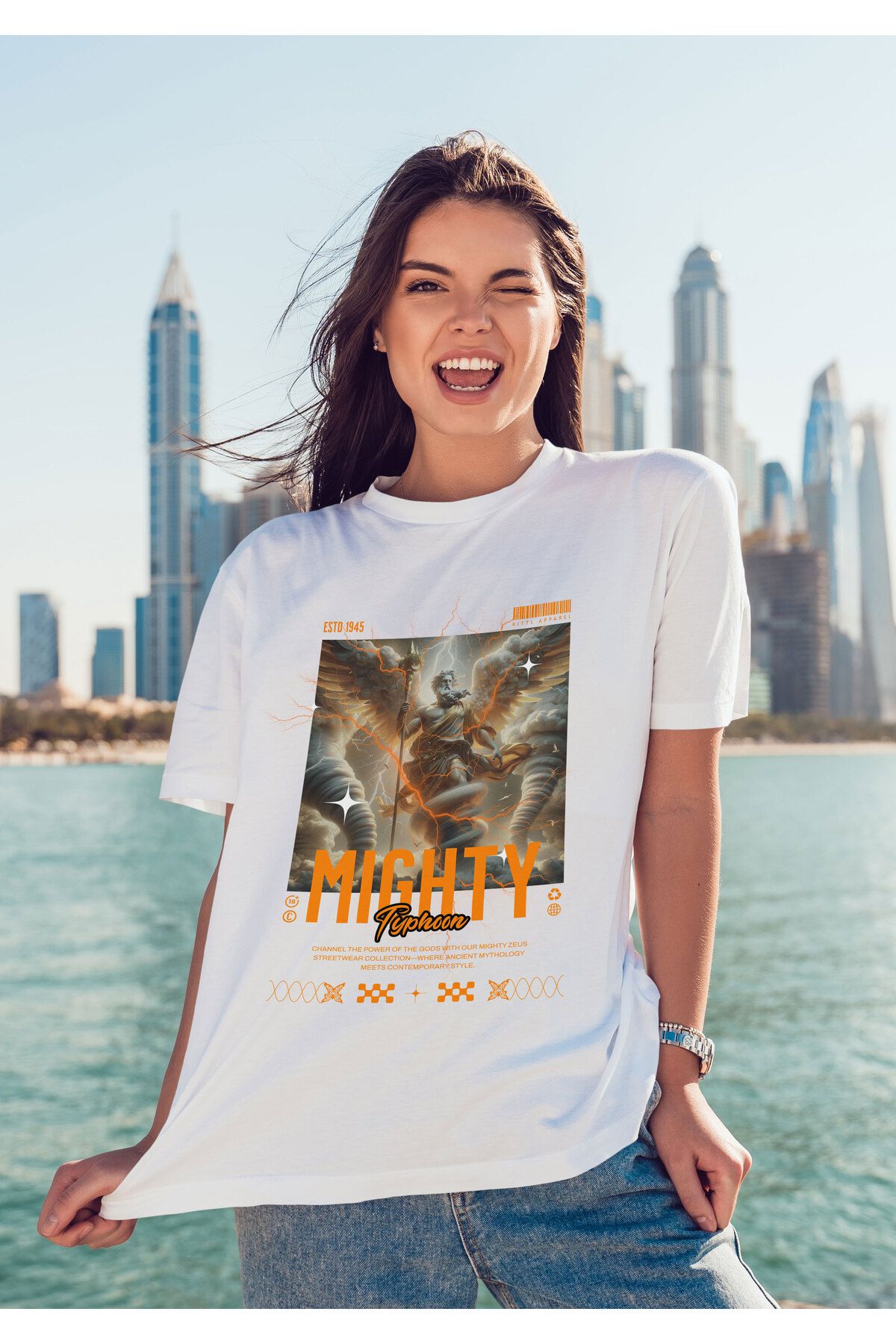 ELFAMİ Unisex Erkek/Kadın MIGHTY Renkli Özel Baskılı Oversize Pamuklu Bisiklet Yaka T-Shirt Tişört