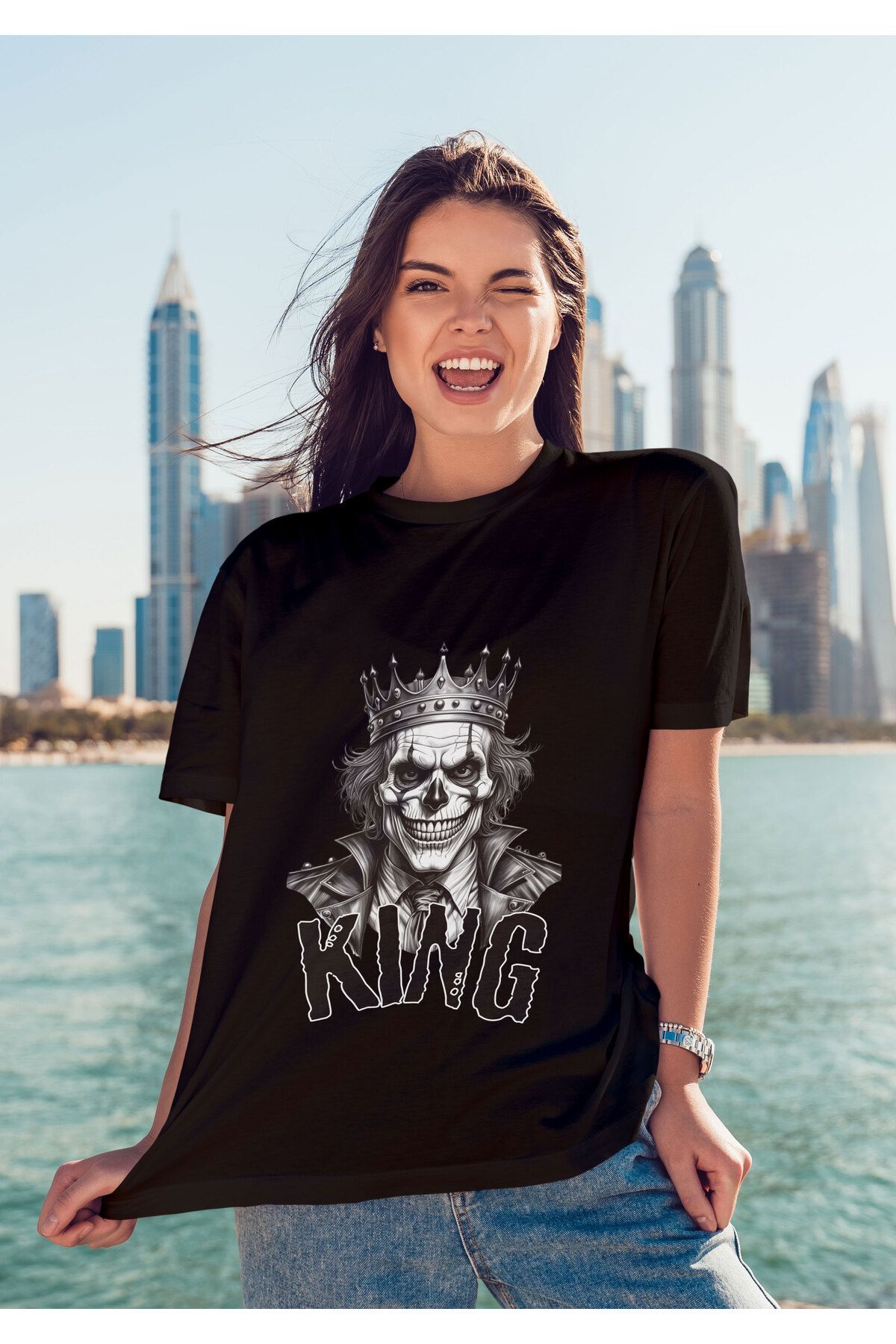 ELFAMİ Unisex Erkek/Kadın KING Renkli Özel Baskılı Oversize Pamuklu Bisiklet Yaka T-Shirt Tişört