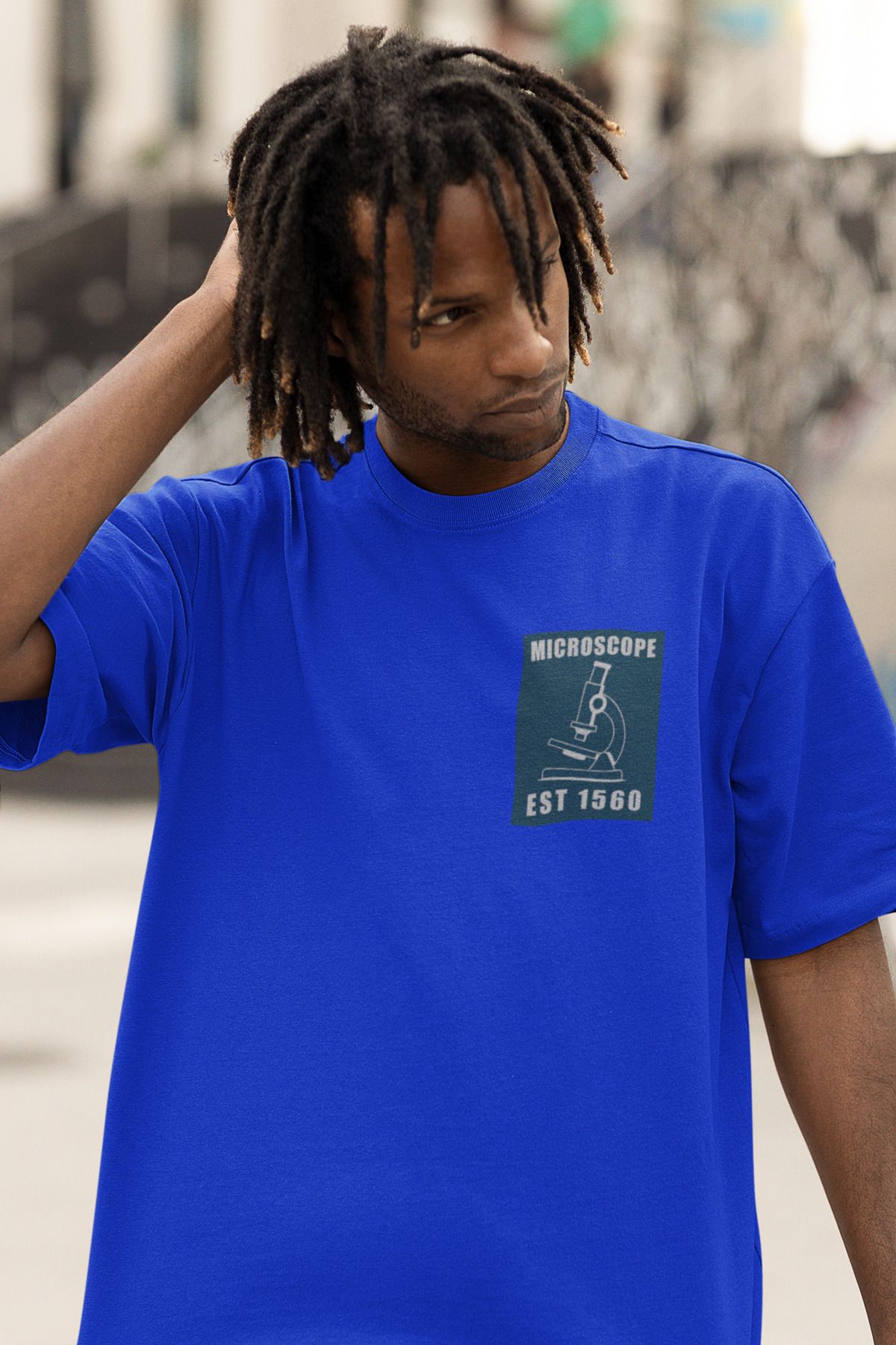 Uniquetex NUBENSE / MİKSE-16 - Oversize Unisex Mikroskop Baskılı Sax Mavi Bisiklet Yaka T-shirt (Bilim Tişört)
