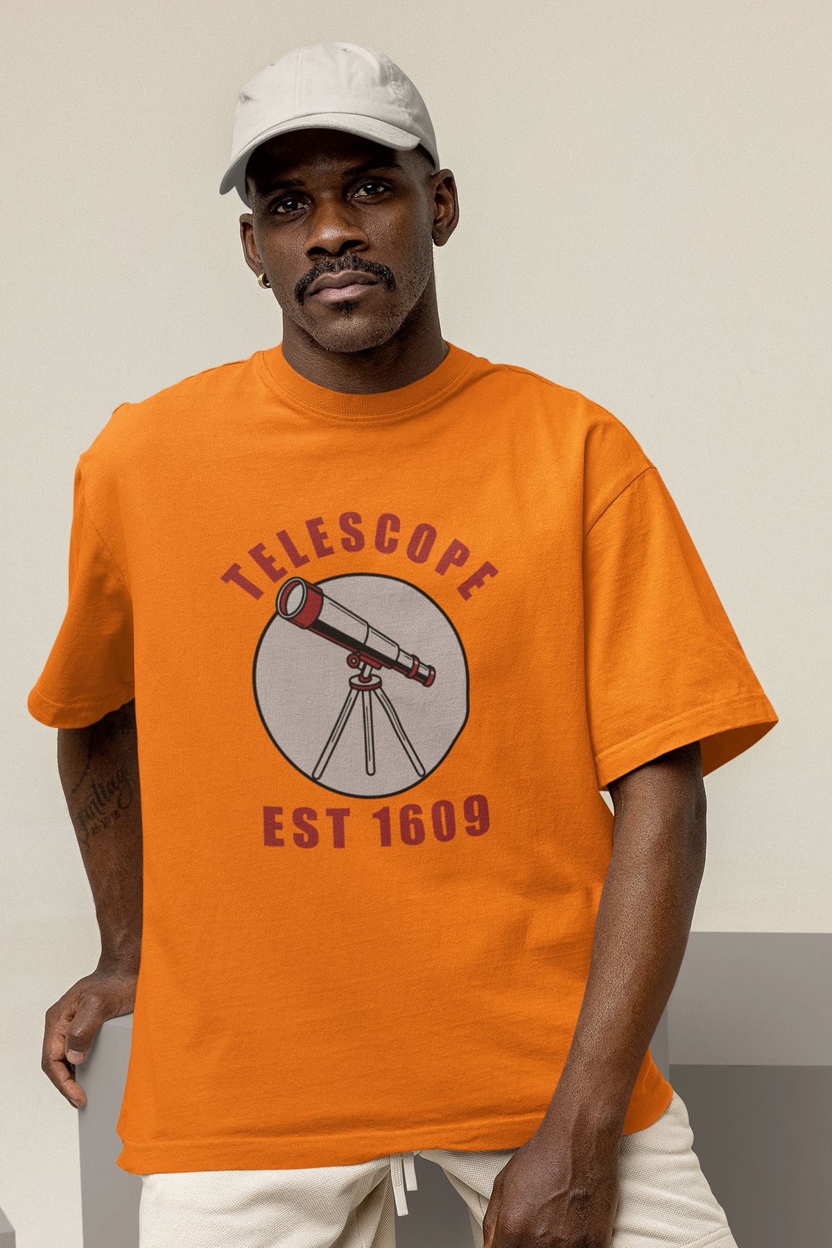 Uniquetex NUBENSE / TELAR-09 - Oversize Unisex Teleskop Baskılı Turuncu Bisiklet Yaka T-shirt (Bilim Tişört)