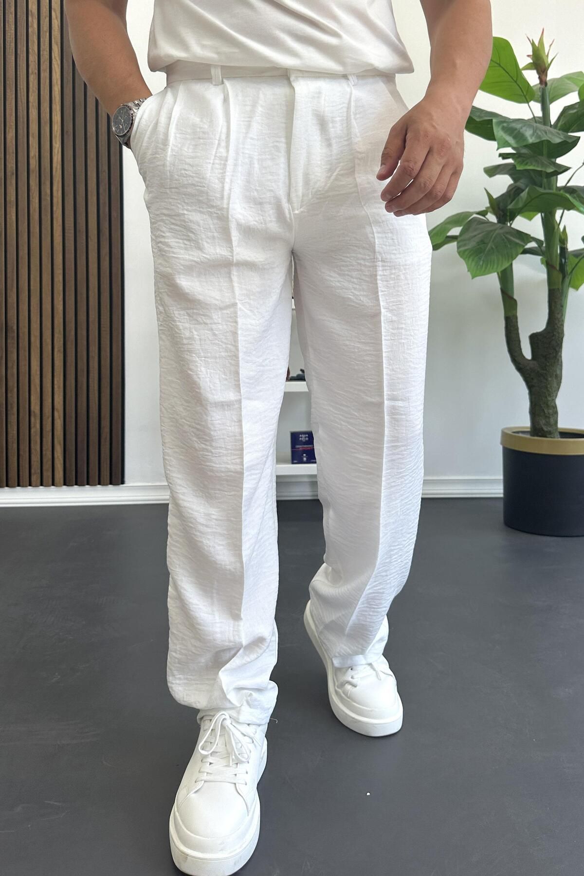 Edwox Erkek Beli Düğmeli Rahat Kalıp Yazlık Pantolon Beyaz Edw393