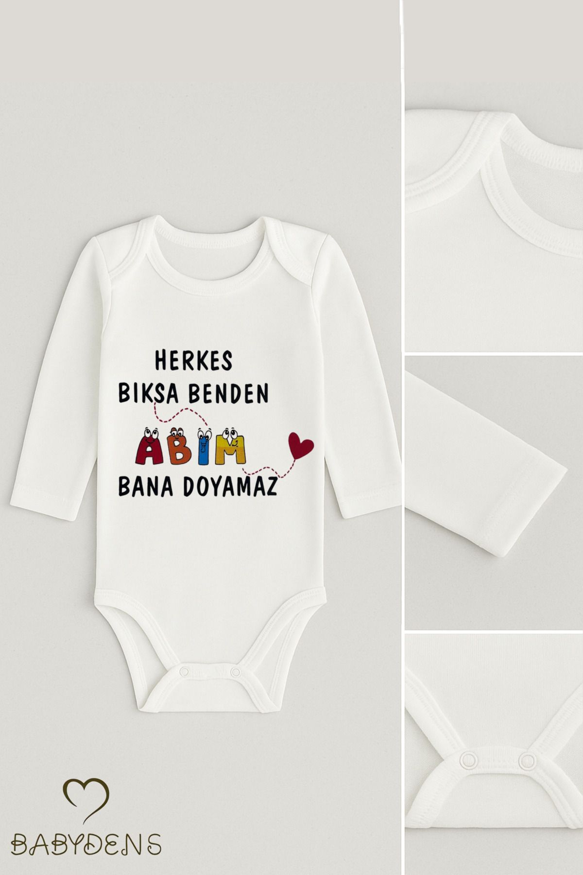 BABYDEN'S “Abim Bana Doyamaz” Yazılı Uzun Kollu Bebek Body %100 Pamuk, Çıtçıtlı Zıbın 0-24 Ay Arası Unisex