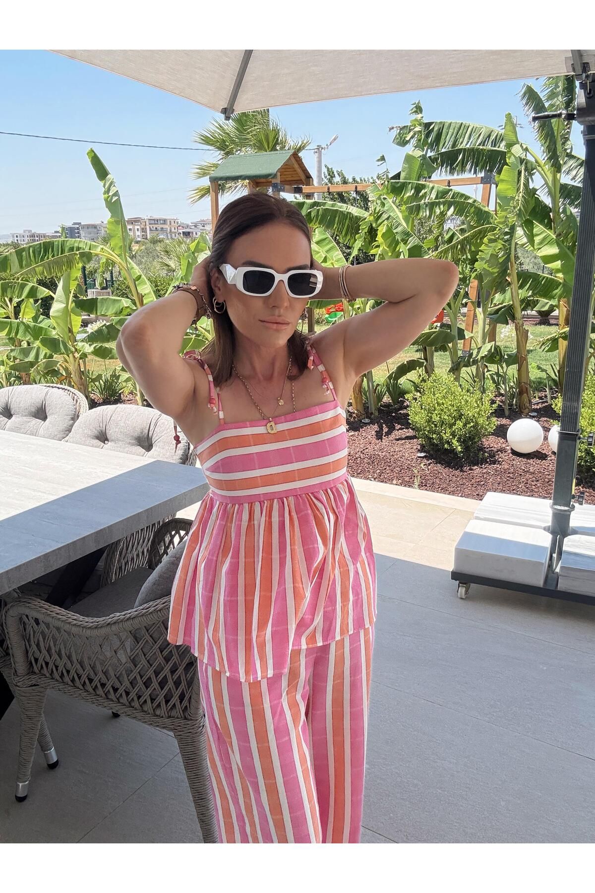 X-Young Omuz Bağlamalı Çizgili Bluz PEMBE