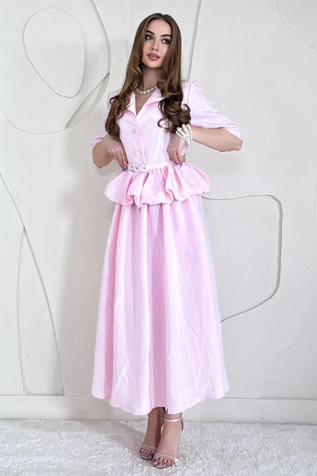 Elbee Fashion Woman İnce Kemer Detaylı Fıfırlı Ceket Etek Takım