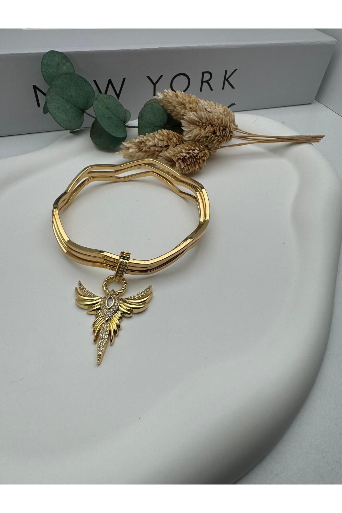ENEFENDİ Charmlı Zigzag Ajda Çelik Bilezik (Gold) 22050