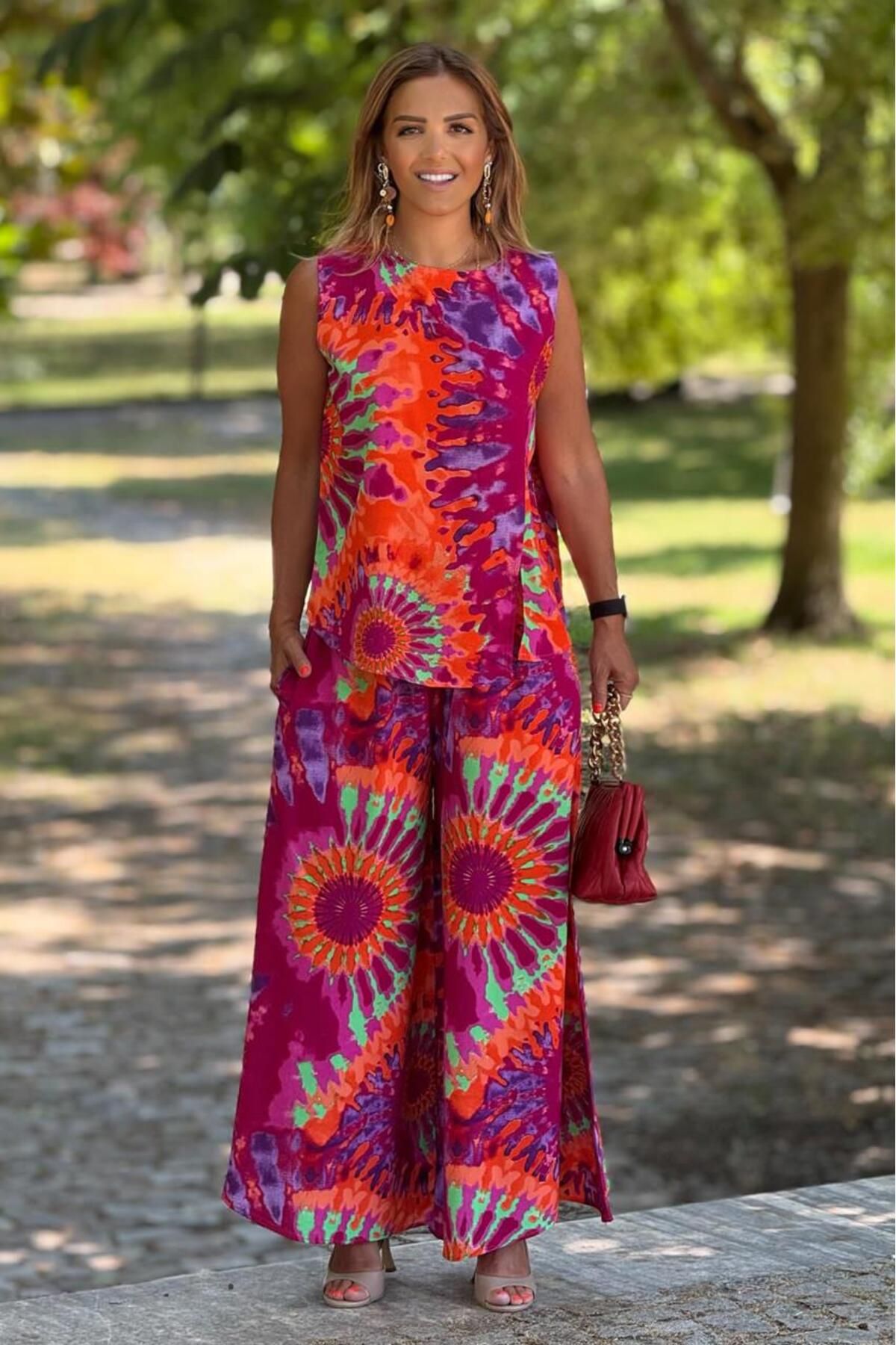 Nevin Kaya Moda Sicily Pembe Etnik Desen Pantolon Bluz İkili Takım