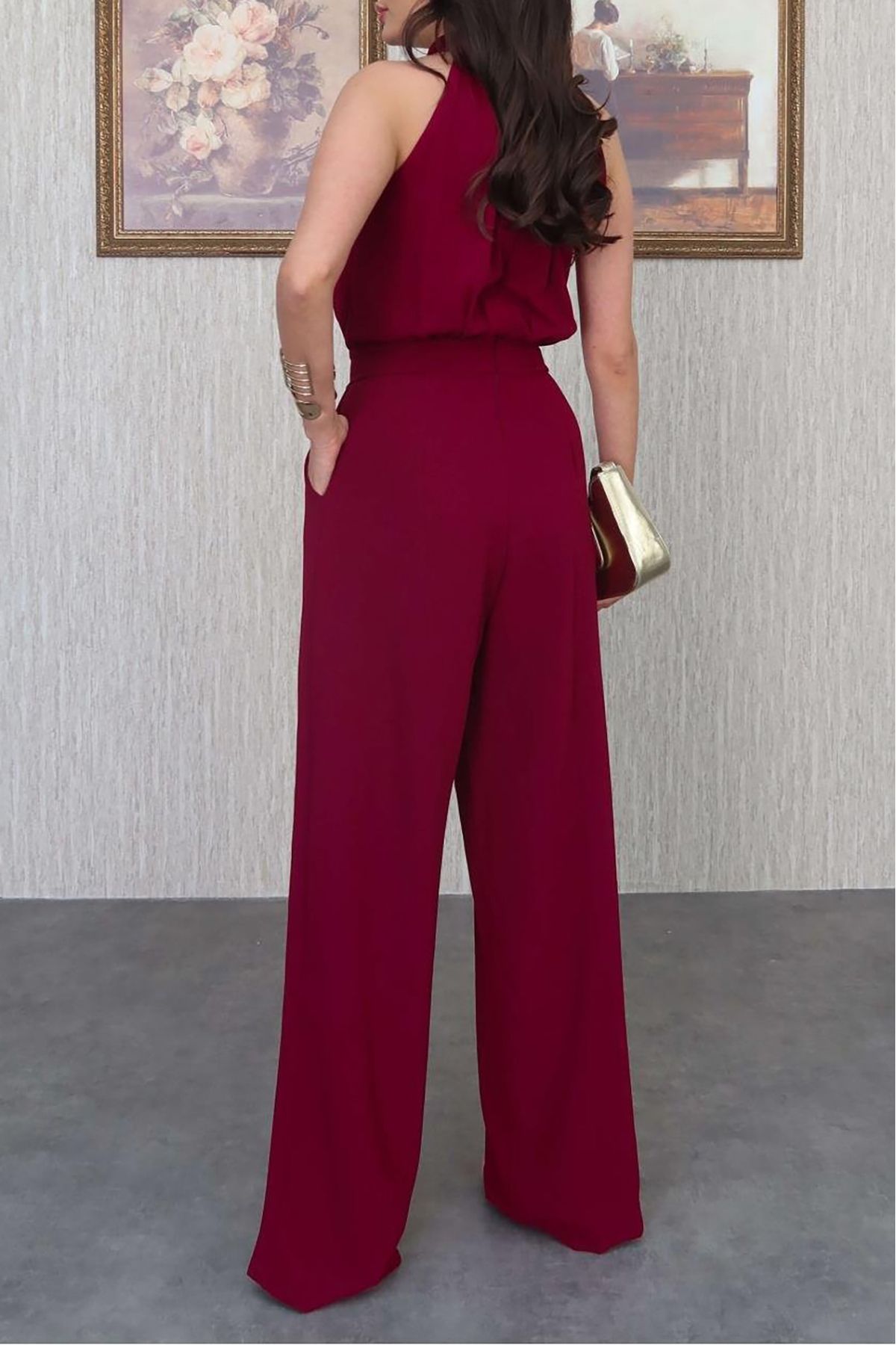 Neşeli Butik kadın bordo halter yaka cepli tulum NBMY3721