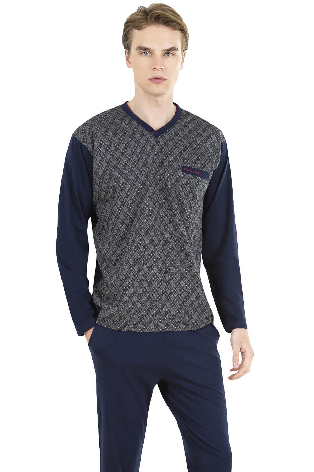 Pierre Cardin %100 Pamuk V Yaka Erkek Pijama Takım, Jakarlı, Uzunkollu, Kutulu