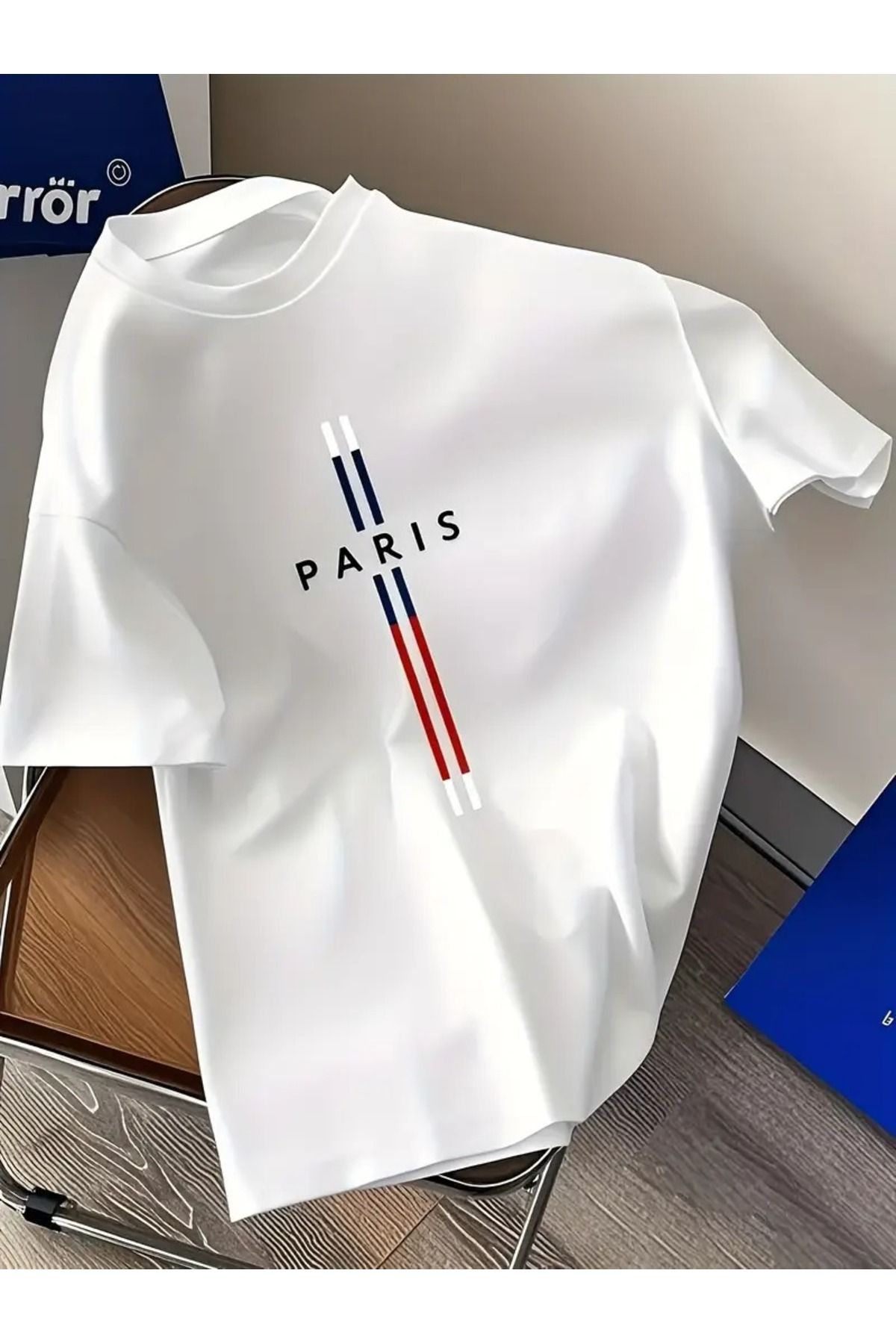 Sweetline Beyaz Oversize Tişört – Paris Yazılı Şerit Detaylı Unisex Model