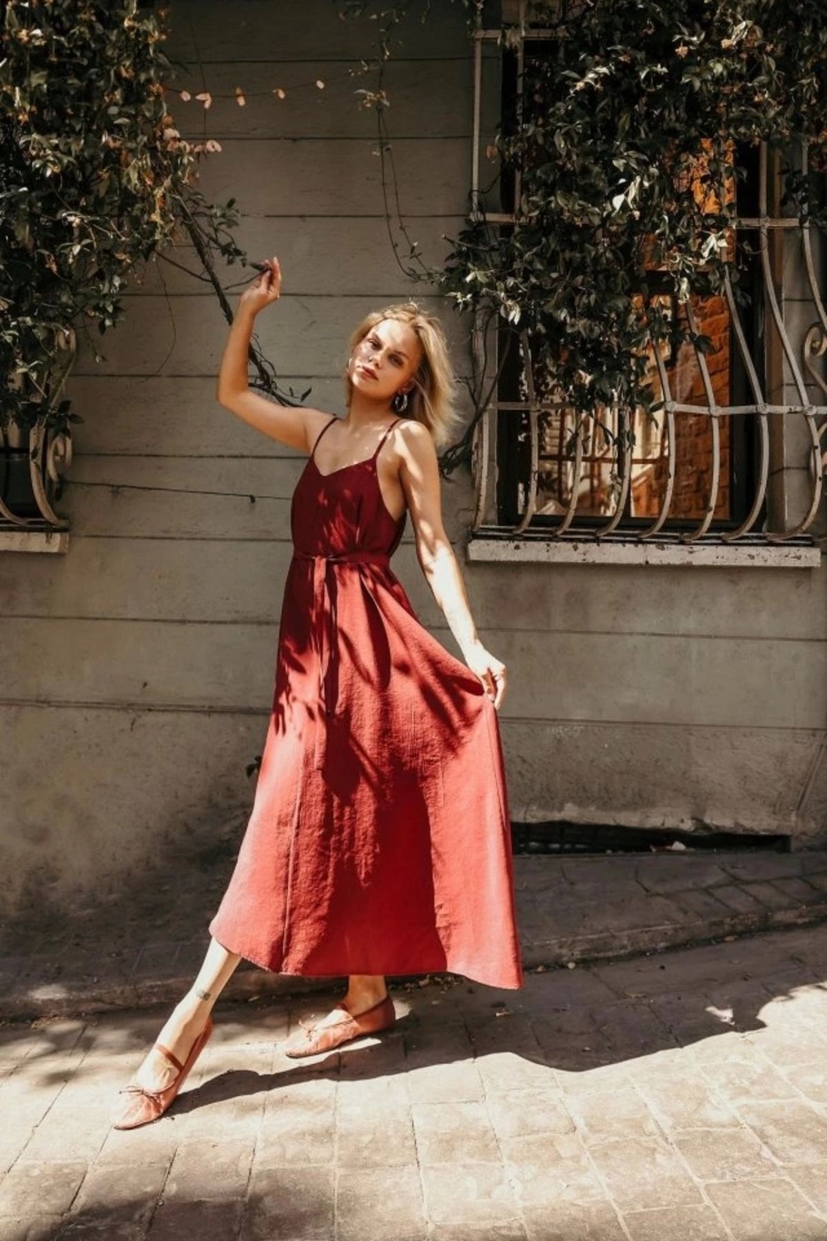 nedo7 Askılı Basic Uzun Elbise - Açık Bordo