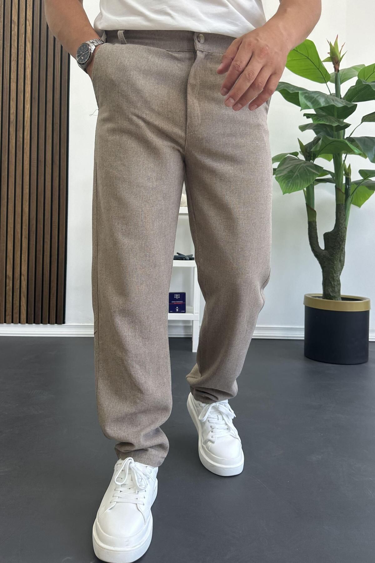 Edwox Erkek Normal Kesim Keten Pantolon Açık Kahverengi Edw386