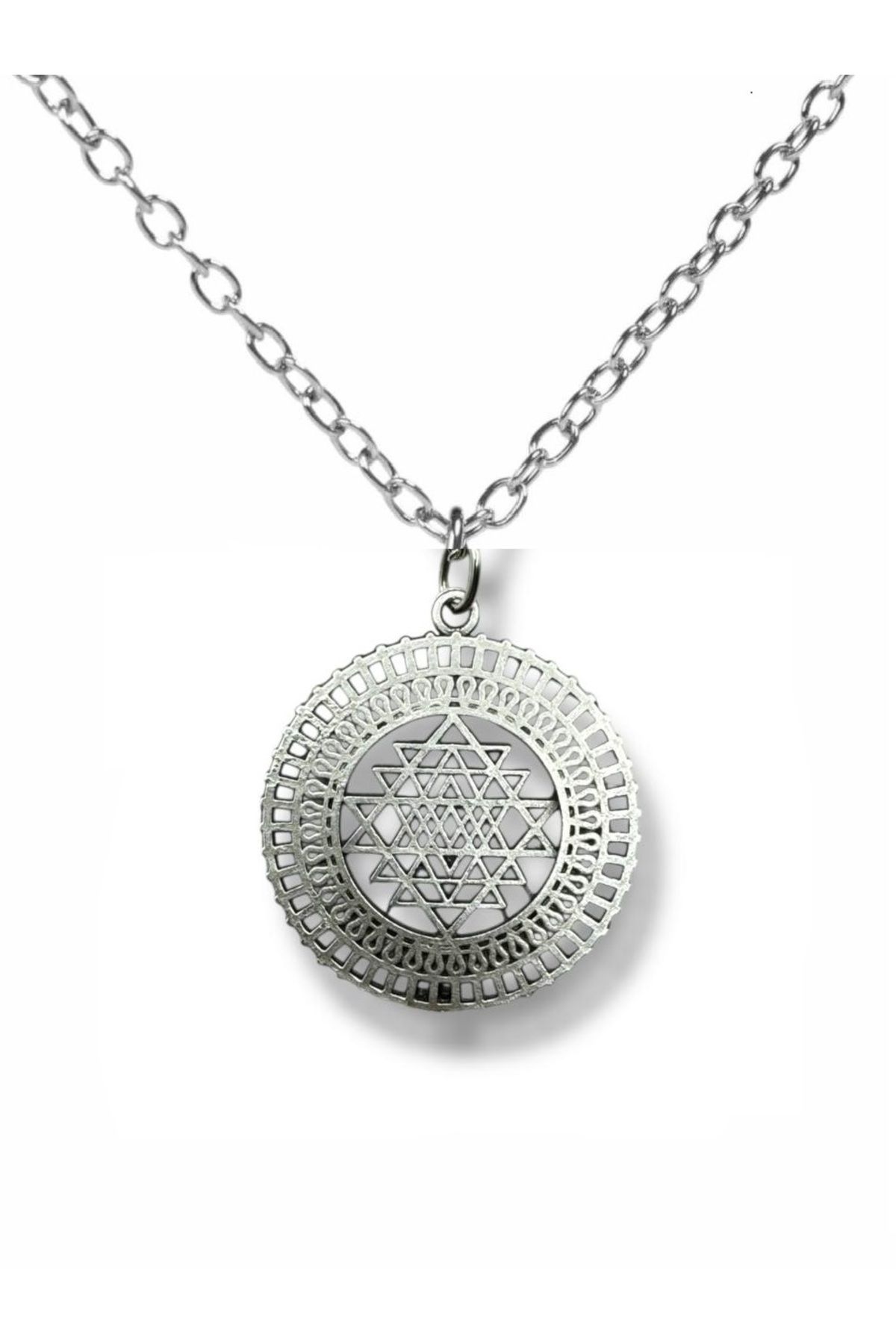 Herşey Nota Sri Yantra Sembolü Unisex Kolye – 60 cm Zincirli, Spiritüel Tasarım