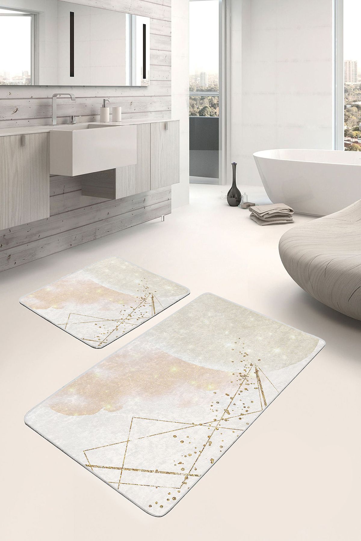 Realhomes Gold - Krem Zeminde Boyama Motifli Modern Sanat Bohem Sade & Şık 2'li Banyo & Mutfak Paspas Takımı