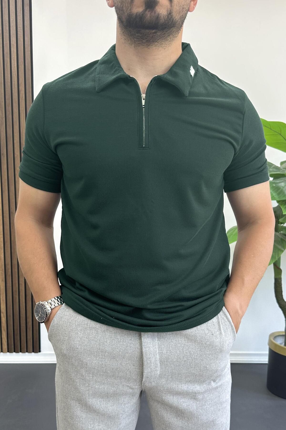 Edwox Erkek Yakası ve Kolu Nakış Detaylı Polo Yaka Fermuarlı Tişört Yeşil Edw392