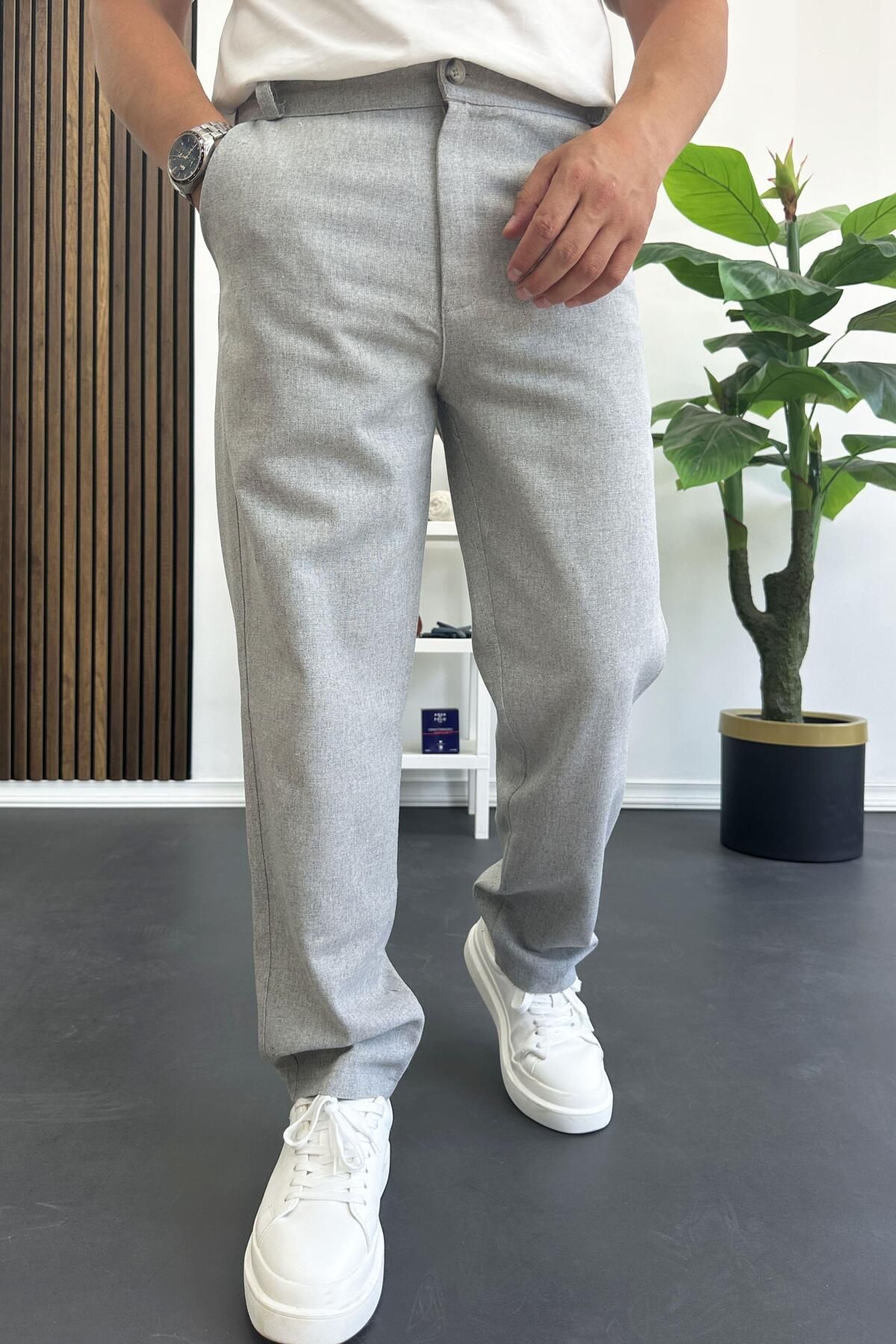 Edwox Erkek Normal Kesim Keten Pantolon Gri Edw386