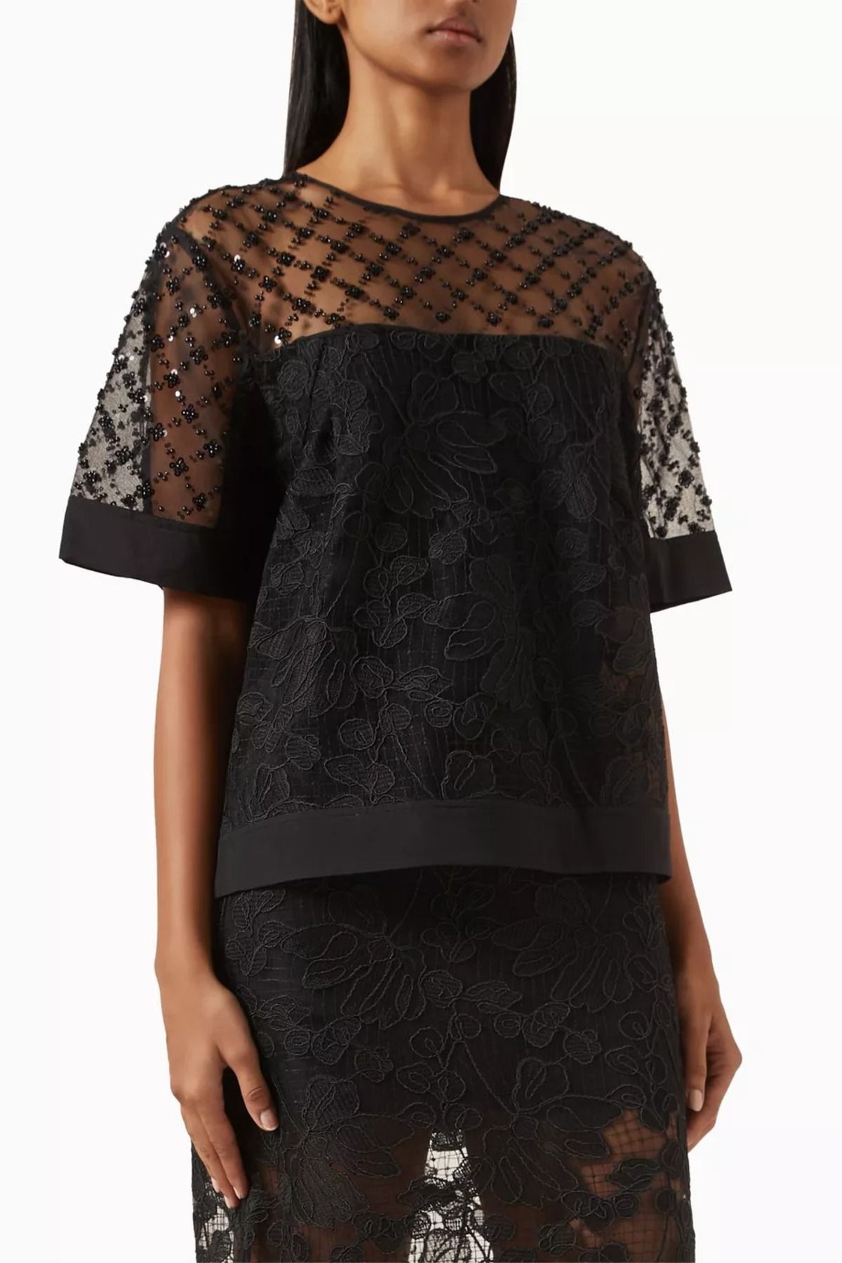 3.1 Phillip Lim Siyah Dantel İşlemeli Çiçekli İnci Detaylı Modern Romantik Üst