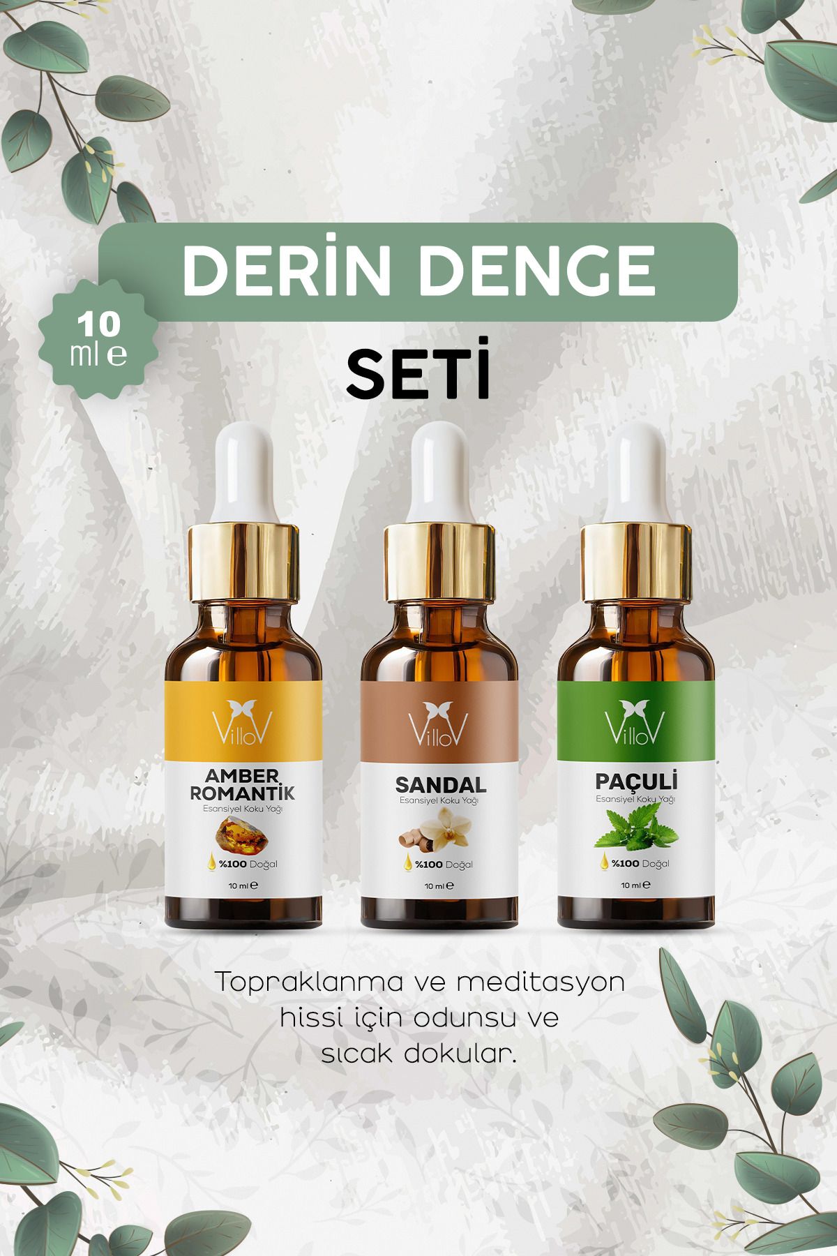 Villov 3'lü Paçuli, Sandal, Amber Esansiyel Uçucu Yağı Buhurdanlık Yağı Aromatereapi Difüzör Yağı Seti
