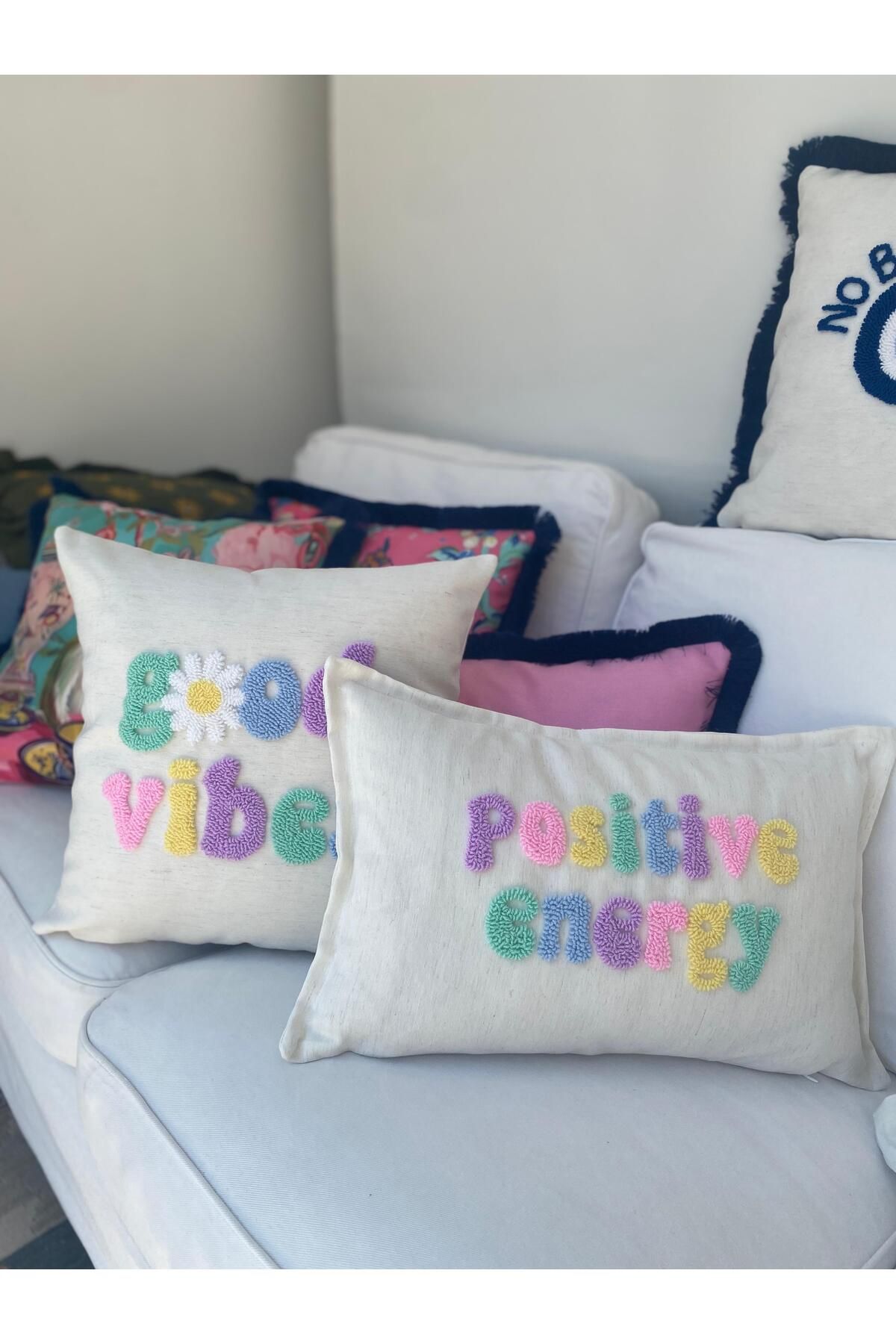 RahanDesign Good Vibes - Positive Energy Yazılı Punch İşlemeli 2li Kırlent Kılıfı Seti - Punch Kırlent Kılıfı