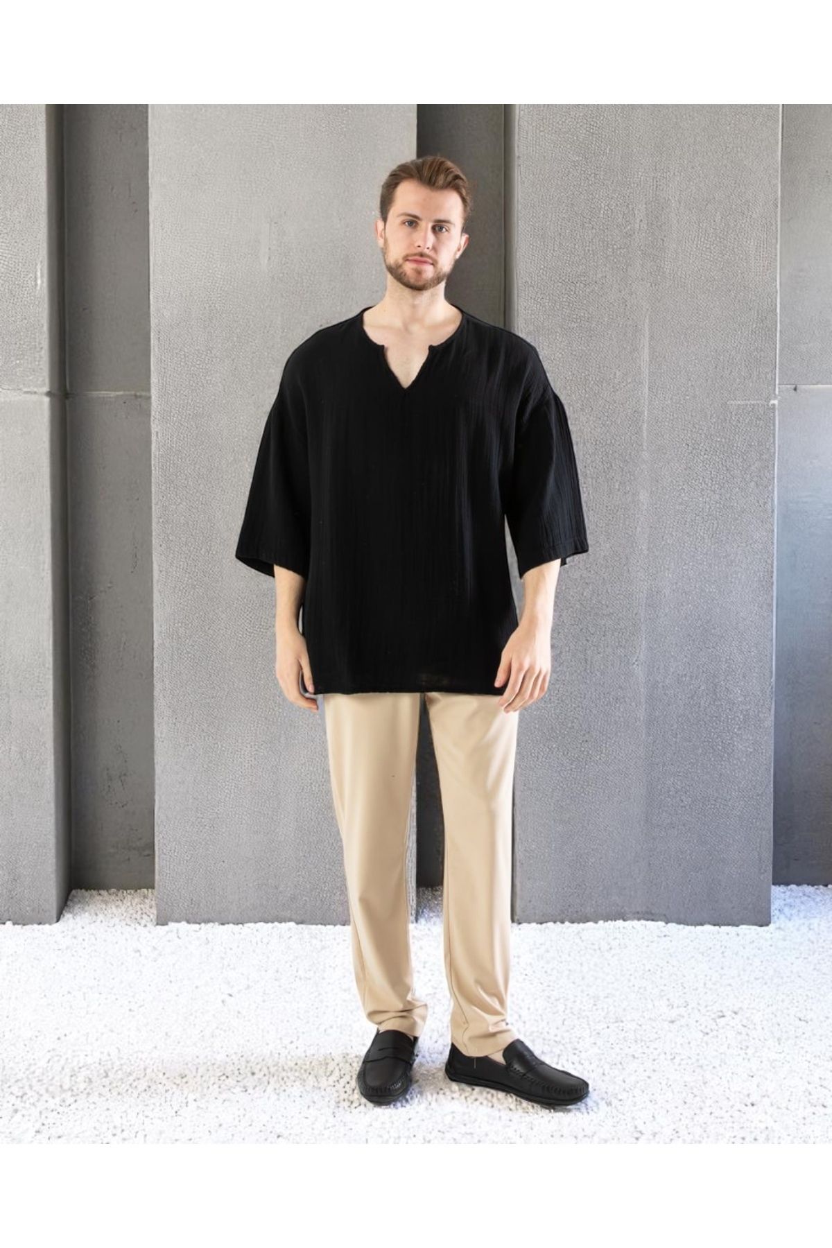VOGUEMET Erkek V Yaka Salaş Yazlık Üst | Oversize Kesim | Nefes Alan Hafif Kumaş