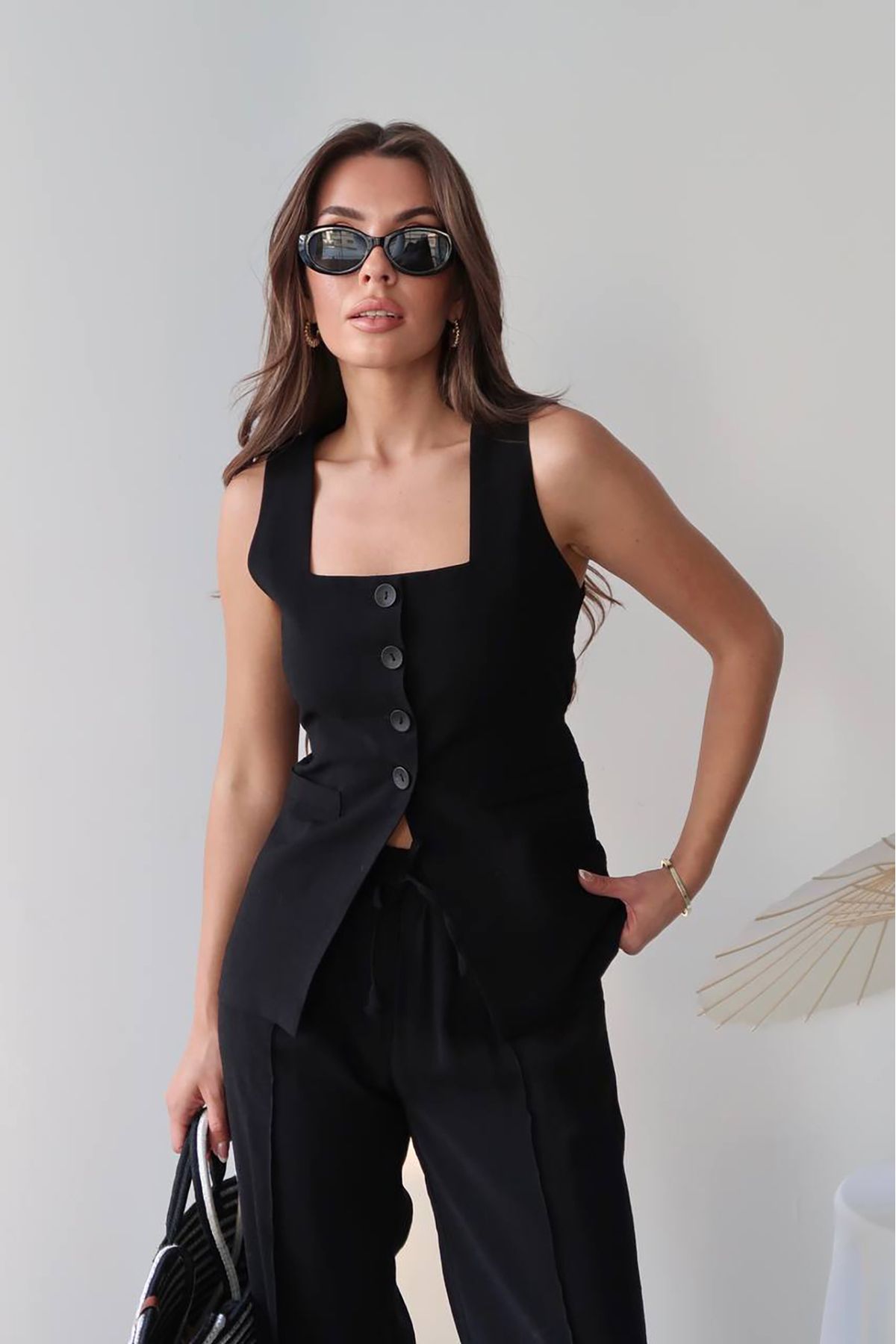 Neşeli Butik kadın yazlık yelek pantolon ikili keten takım NBG096