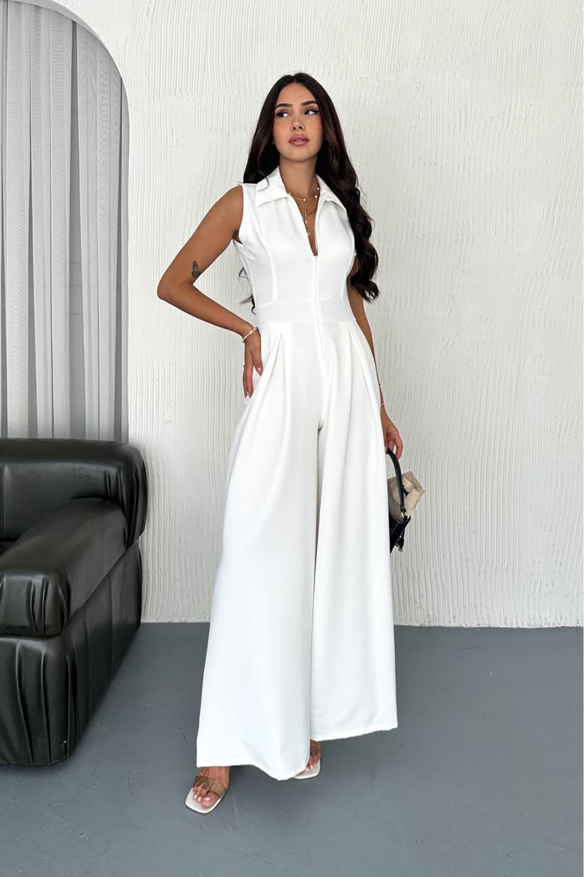 Neşeli Butik Kadın Kolsuz Fermuar Detaylı Tam Boy Tulum NBK055