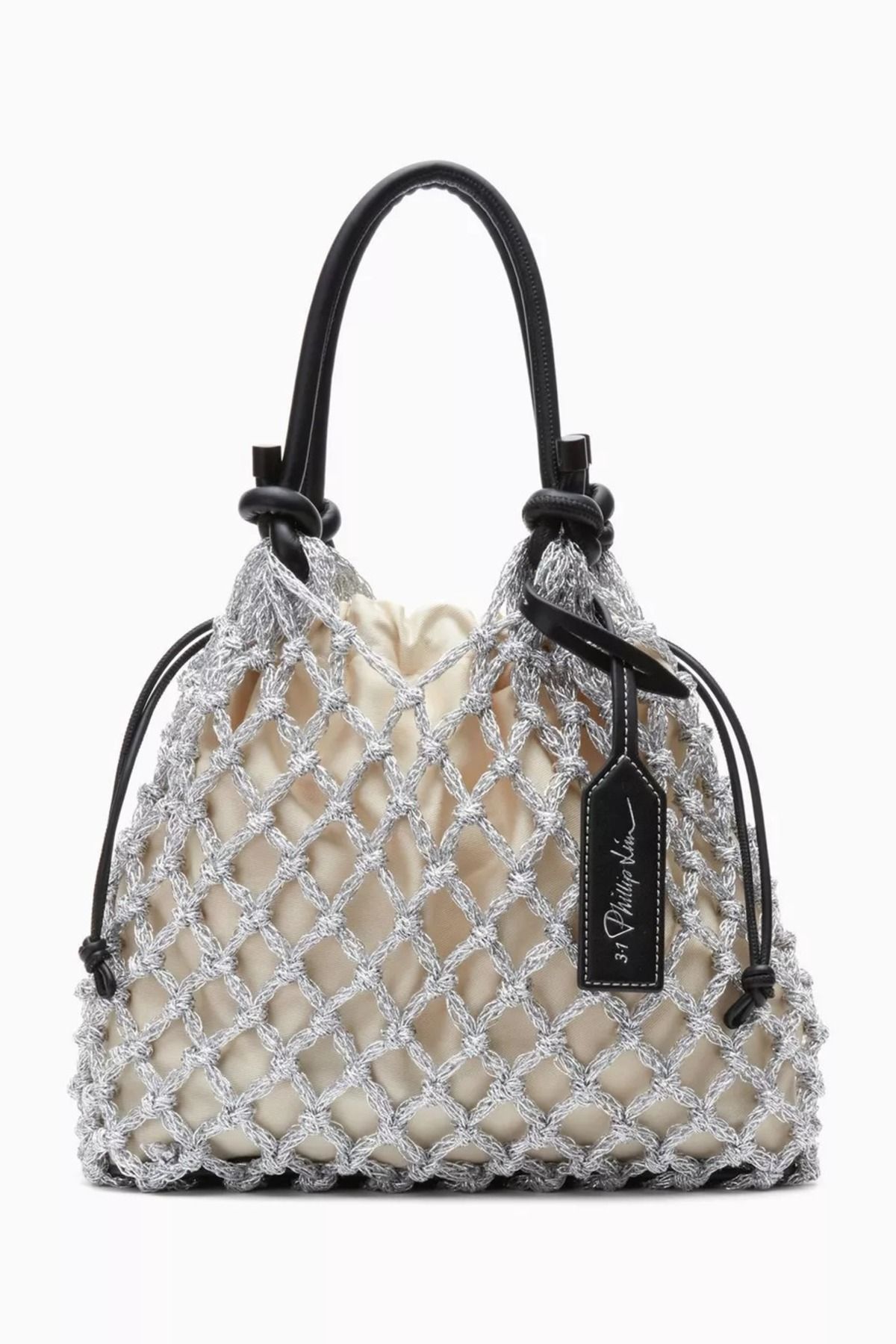 3.1 Phillip Lim Gümüş Makrome Pamuklu Mini Çanta Şık ve Sanatsal Tasarım, 29x24x10 cm