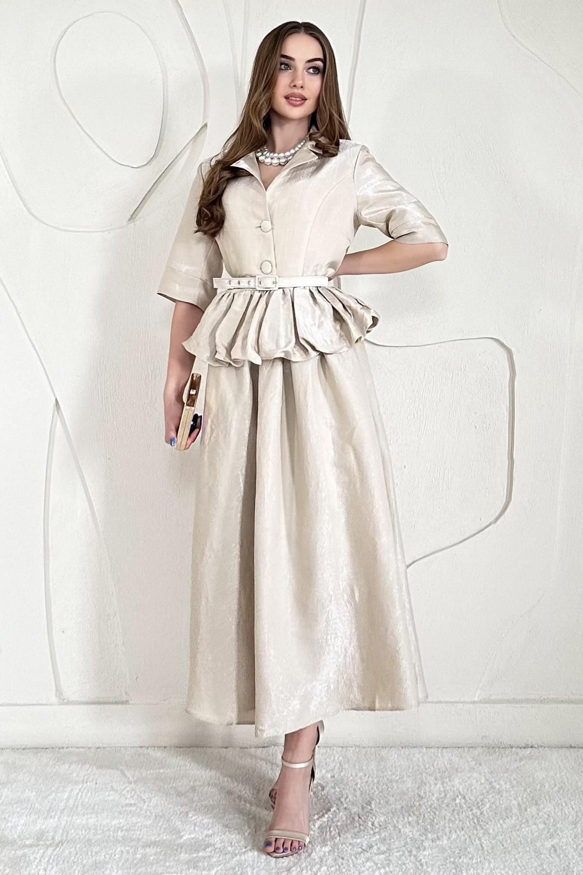 Elbee Fashion Woman İnce Kemer Detaylı Fıfırlı Ceket Etek Takım