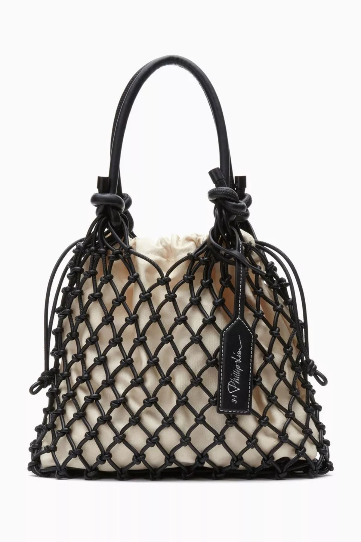 3.1 Phillip Lim Mini Macramé Çanta Siyah Pamuk Karışımı, Bez İç Kılıf ve Deri Detaylı