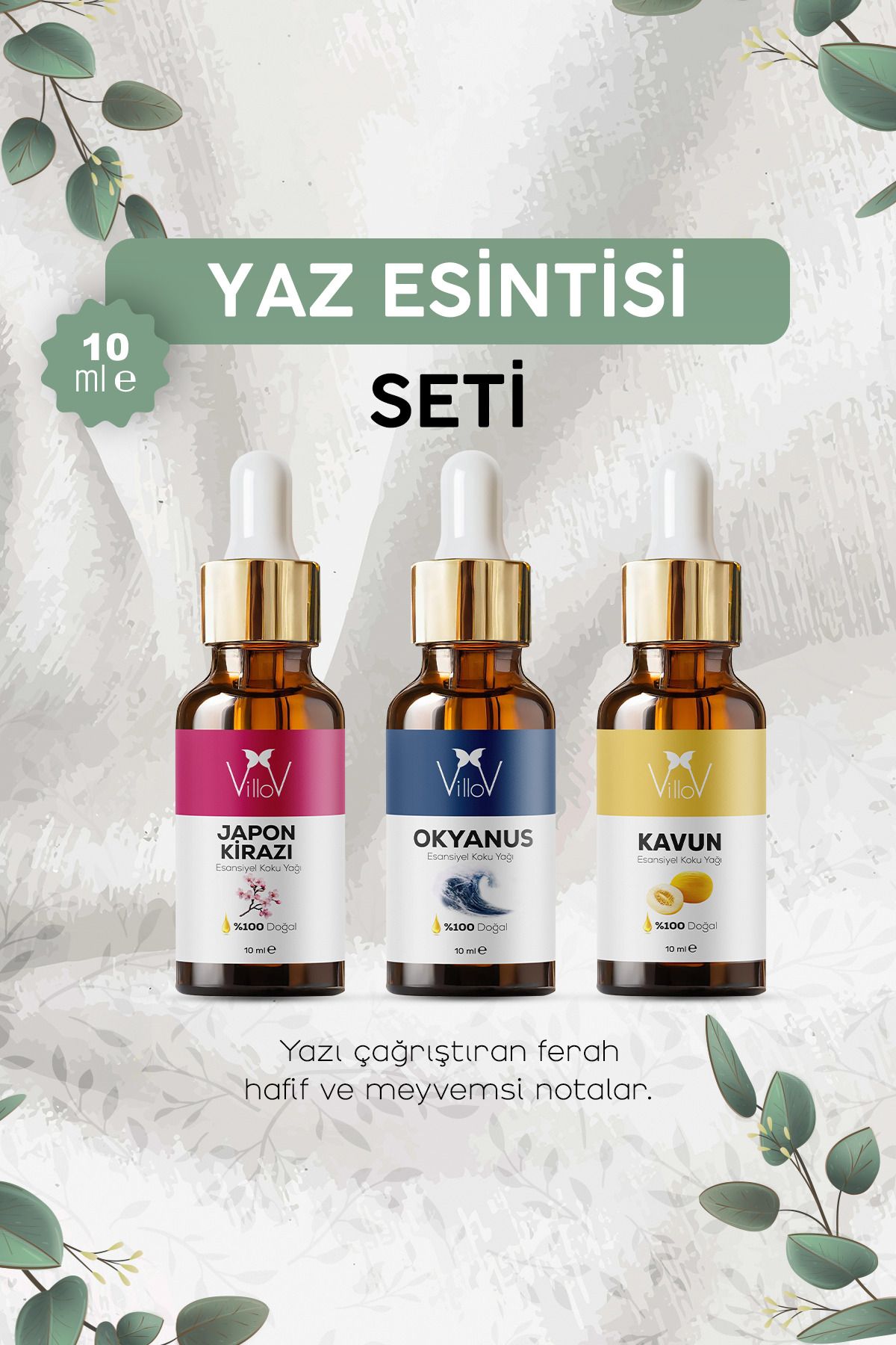 Villov 3'lü Okyanus, Japon Kirazı, Kavun Esansiyel Uçucu Yağ Buhurdanlık Yağ Aromatereapi Difüzör Yağ Seti
