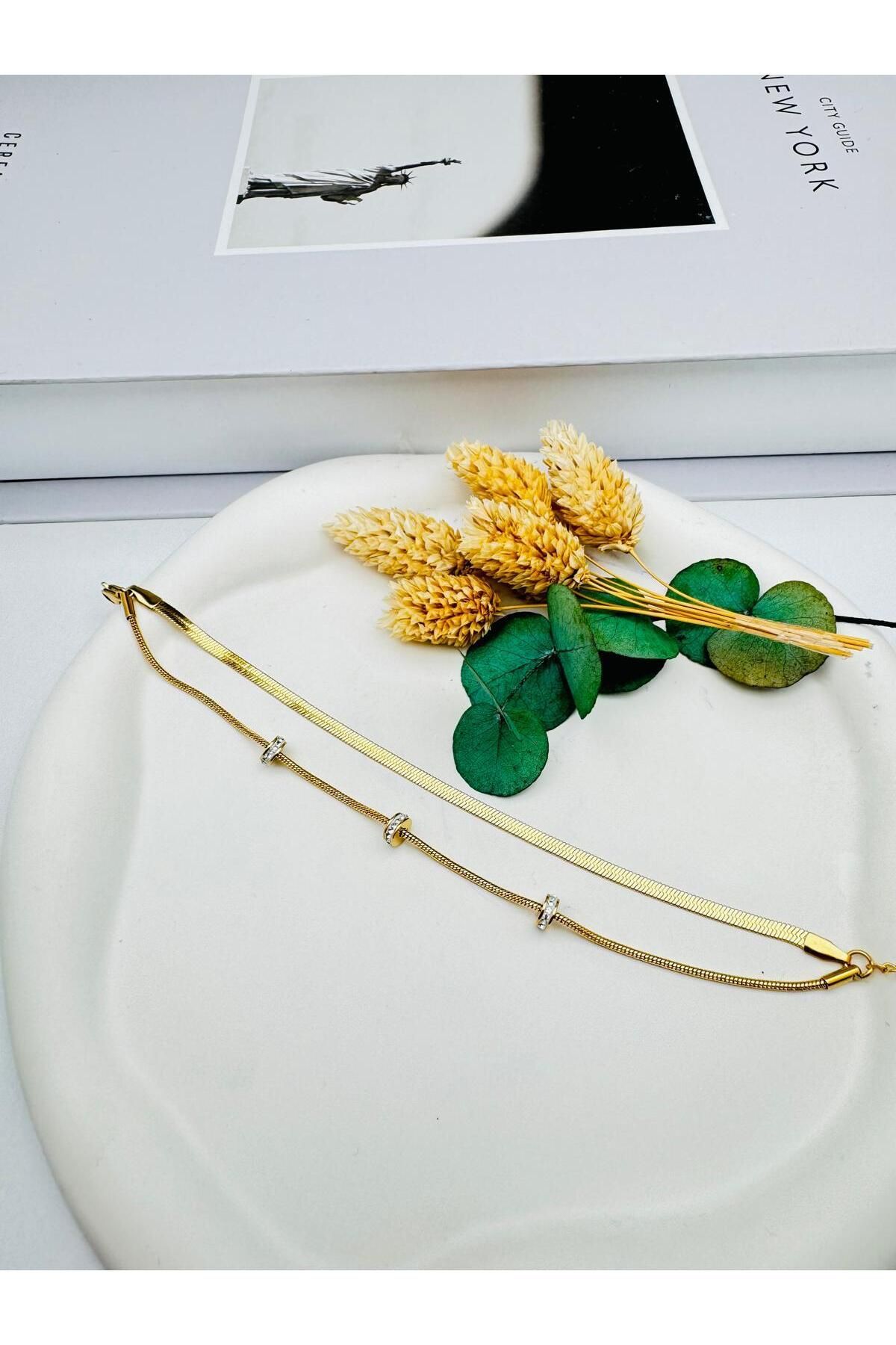 ENEFENDİ Taşlı İtalyan Çelik Bileklik (Gold) Blk 260